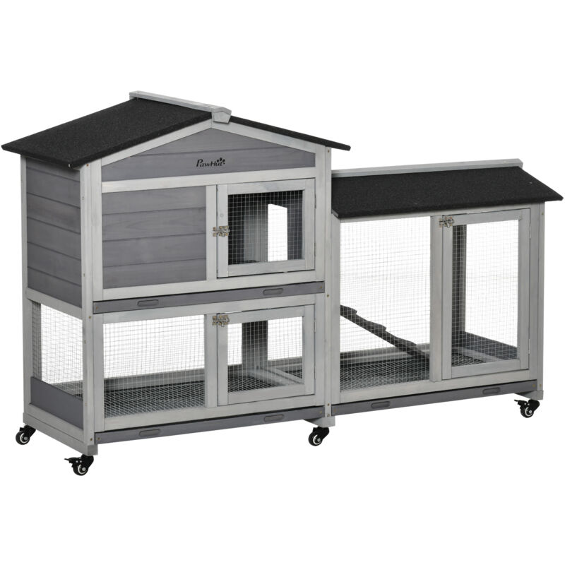 foto del prodotto conigliera in legno 2 livelli con rete protettiva 157.4x53x99.5 cm grigio pawhut