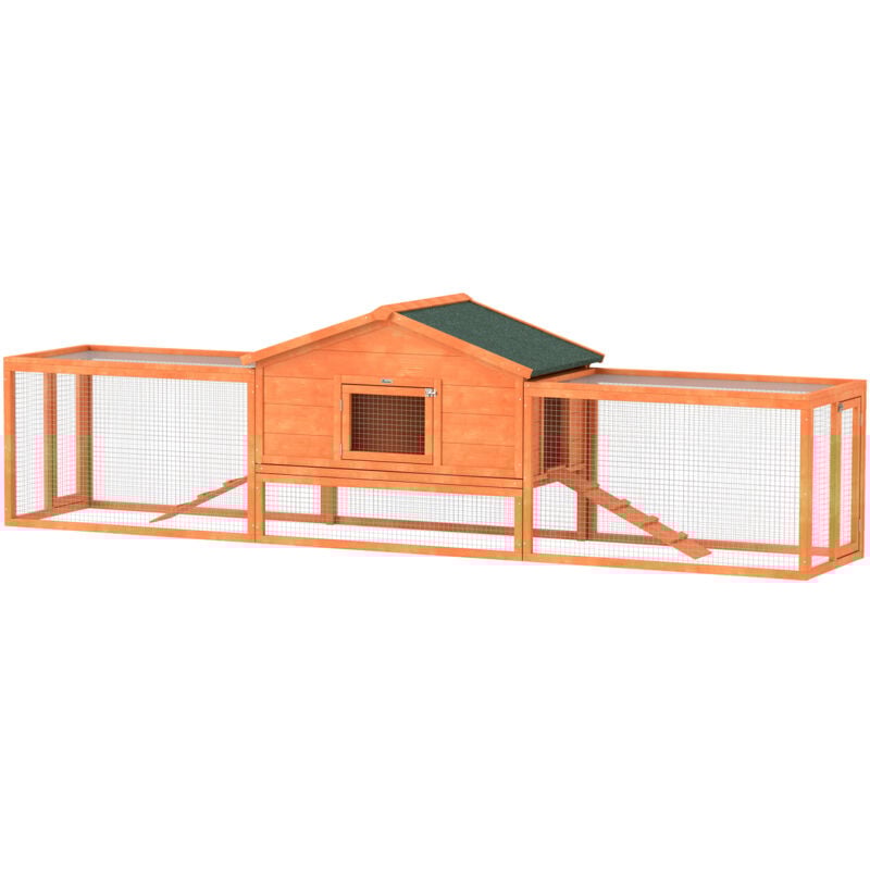 foto del prodotto conigliera in legno da esterno con casetta e 2 recinti 309x69.5x87cm pawhut
