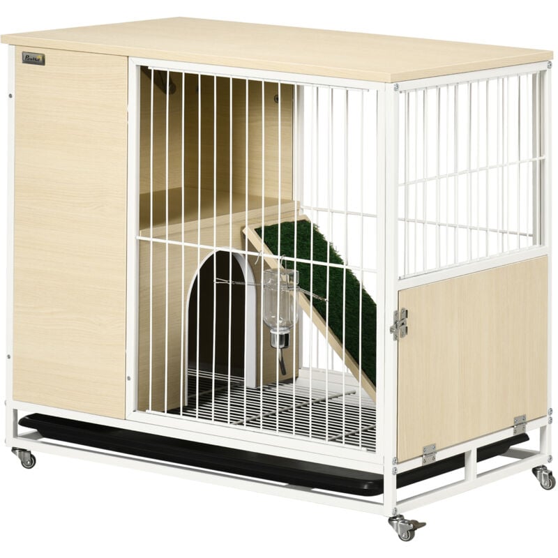 foto del prodotto conigliera in legno tavolino da salotto 2 in 1 con ruote pawhut