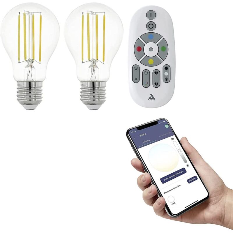 foto del prodotto connect.z smart home set, 2x lampadine led e27, a60, con telecomando, zigbee, app e controllo vocale, dimmerabile, design vintage, 806 lumen e 6 w