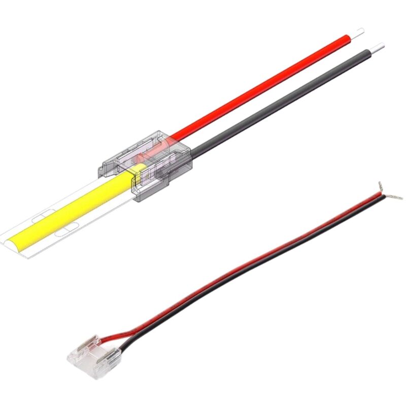foto del prodotto connettore a clip 10mm 2 pin con cavo flessibile per collegare strip led cob monocolore al trasformatore