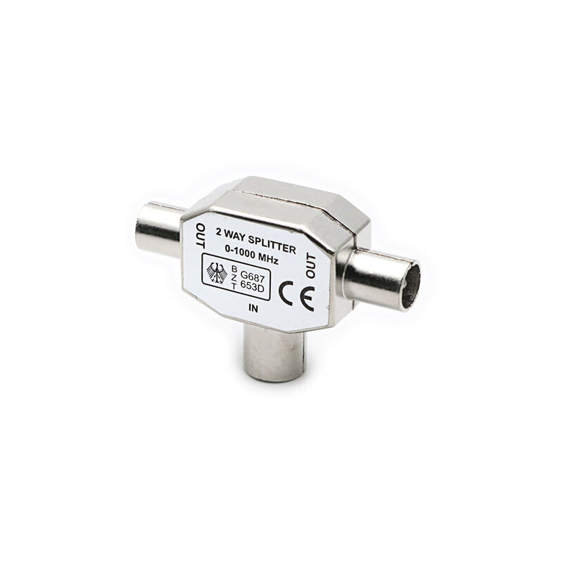 foto del prodotto connettore antenna coassiale monopezzo per due antenne femmina, splitter antenna tipo t f completamente schermato splitter bidirezionale per