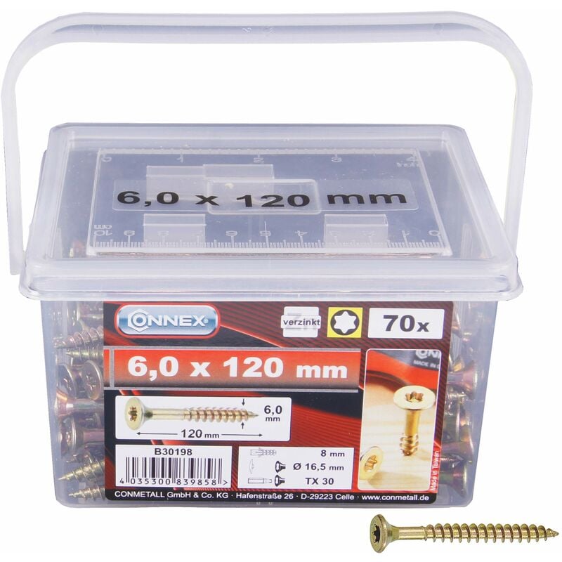 foto del prodotto connex b30198 viti universali, 6,0 x 120 mm, testa svasata, filettatura parziale, zincate, set di viti, secchio per viti, 6,0 x 120 mm 70 pezzi 