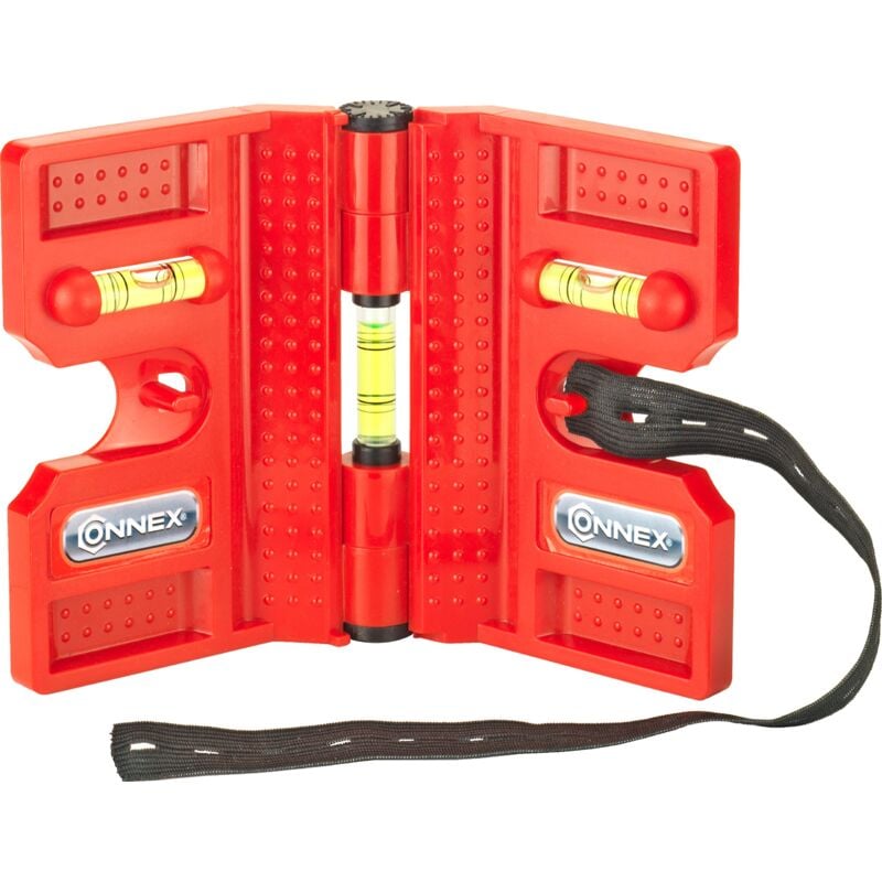 foto del prodotto connex livella a tre bolle, a libro 13.5 cm magnetica, chiusura a scatti ogni 15 gradi, fascia elastica per utilizzo anche su superifici non