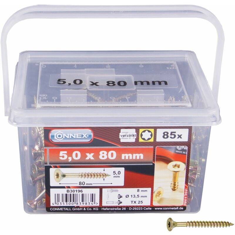 foto del prodotto connex viti universali 5,0 x 80 mm 140 pezzi in set testa svasata attacco tx filettatura parziale giallo zincato set di viti secchio viti