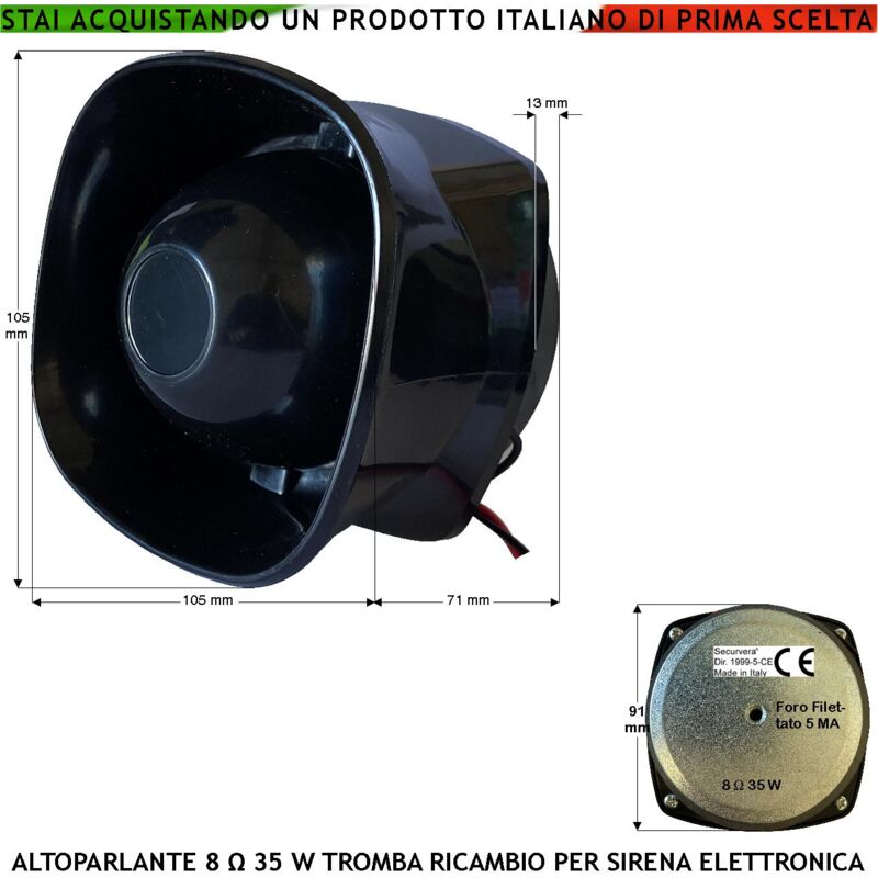 foto del prodotto cono tromba magnetodinamica altoparlante esponenziale impedenza 8 ohm frequenza da 750 5,1 kh potenza 40 w 107 db ricambio sirena allarme tutte