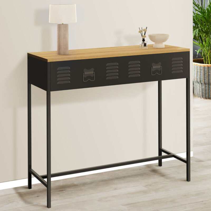 foto del prodotto consolle a 1 cassetto ester con piano in metallo nero e legno dal design industriale