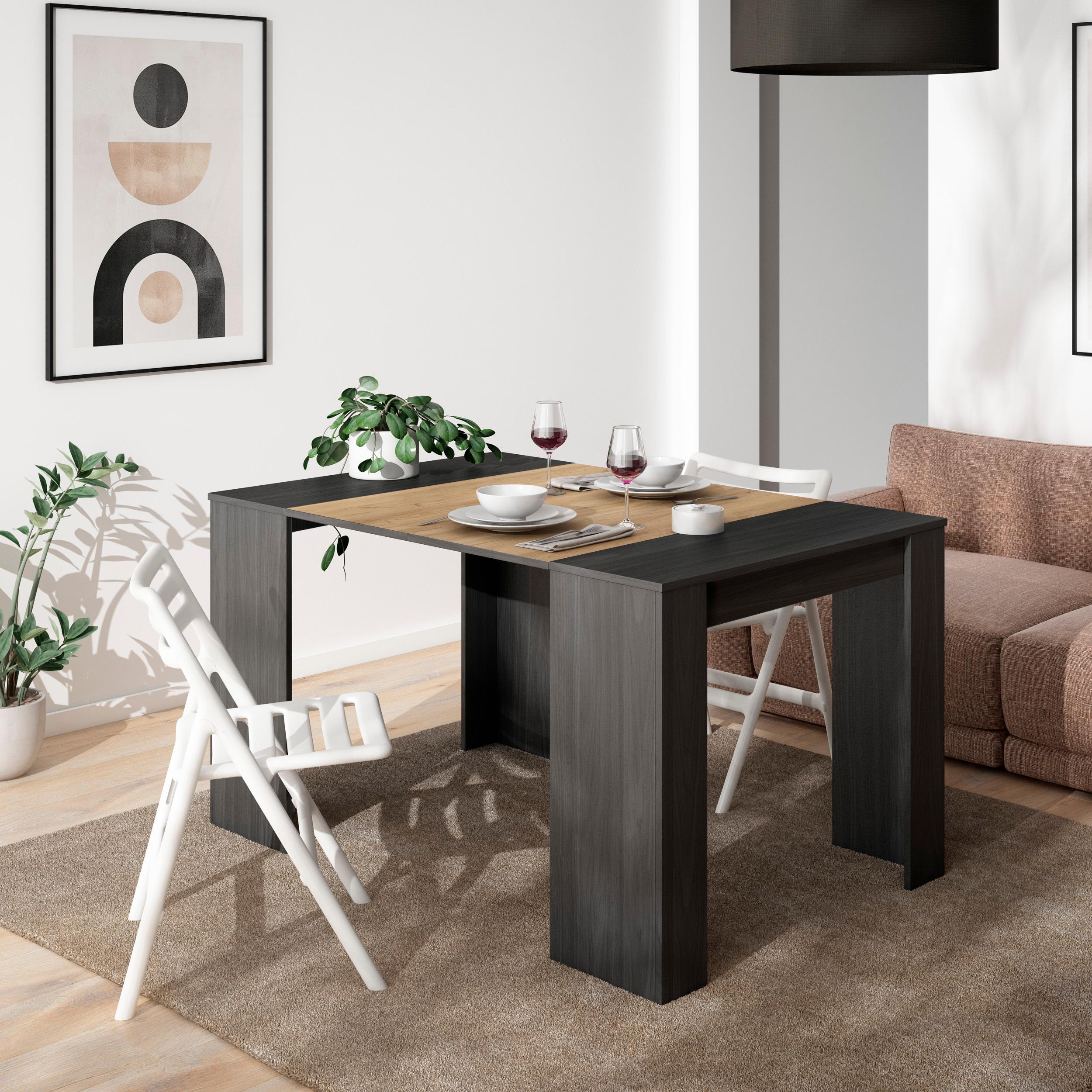 foto del prodotto consolle allungabile, 140x90x77cm, per 6 persone, tavolo da pranzo, nero e colore rovere rf2613