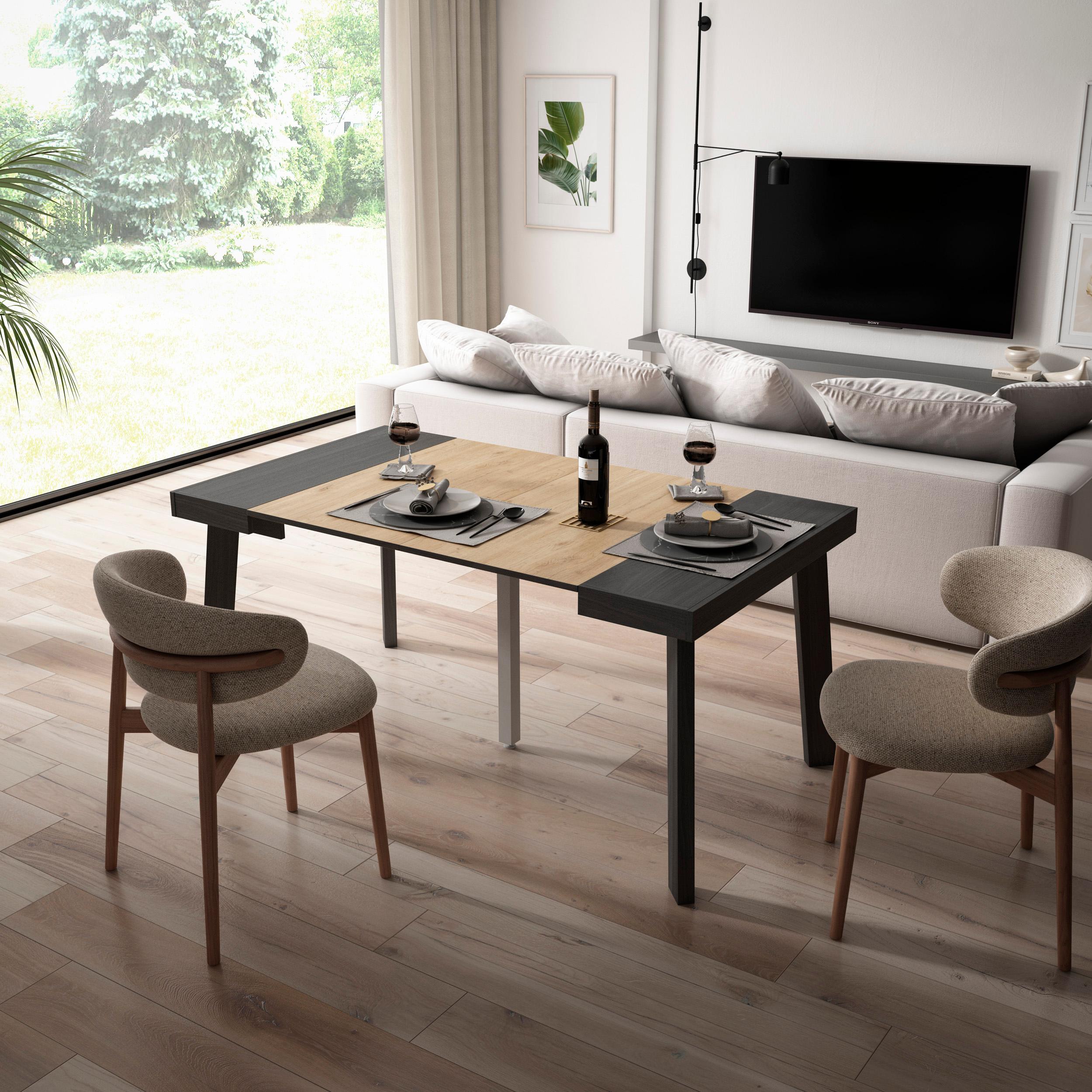 foto del prodotto consolle allungabile, 160x90x73cm, per 8 persone, gambe in legno, nero e colore rovere rf3141