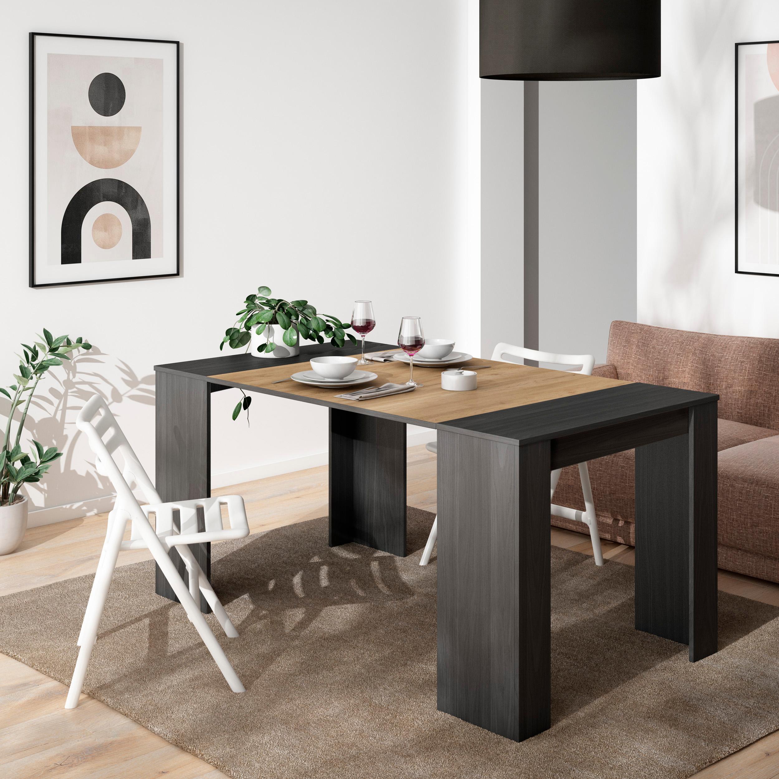 foto del prodotto consolle allungabile, 160x90x77cm, per 8 persone, tavolo da pranzo, nero e colore rovere rf2618