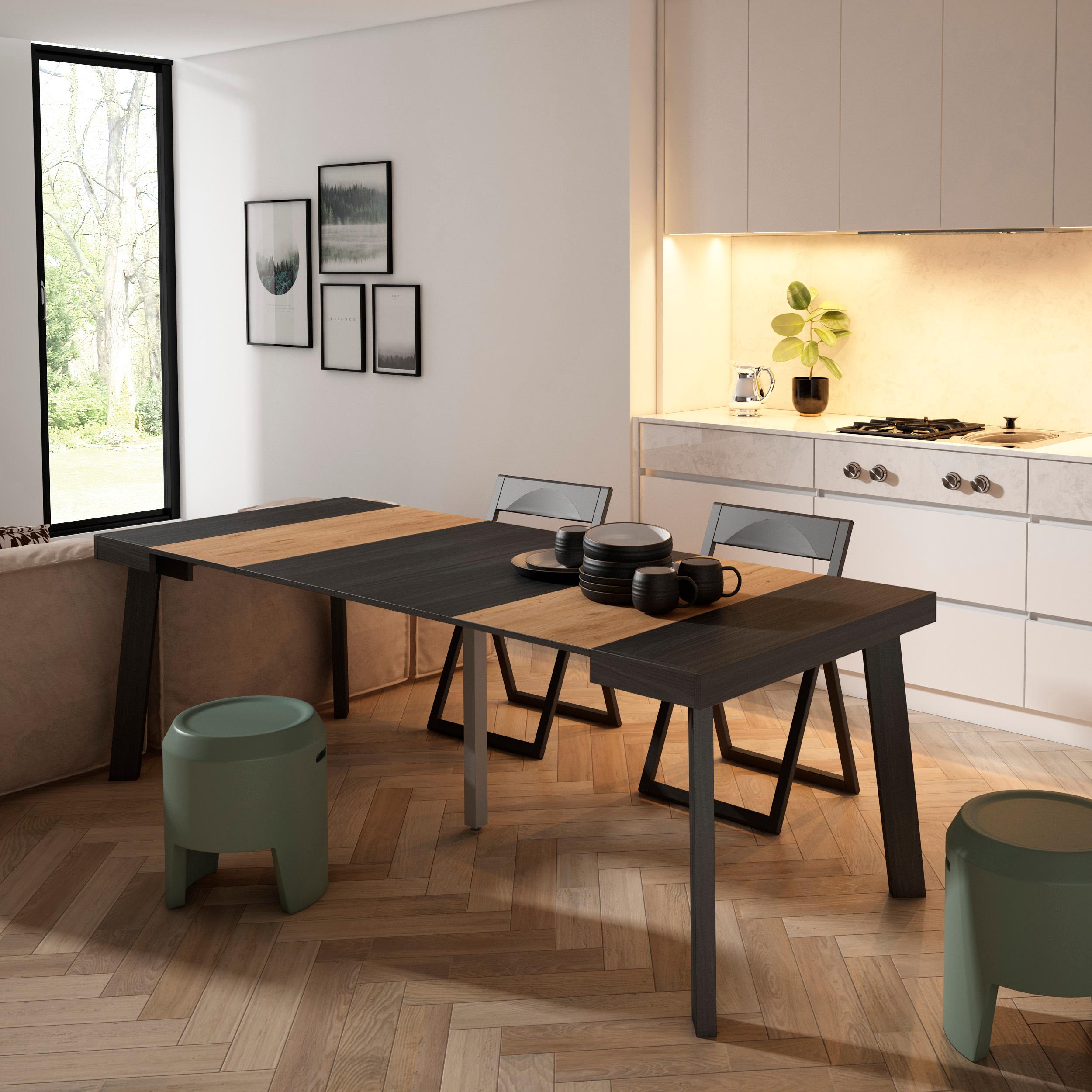foto del prodotto consolle allungabile, 222x90x73cm, per 10 persone, gambe in legno, colore rovere e nero rf3074