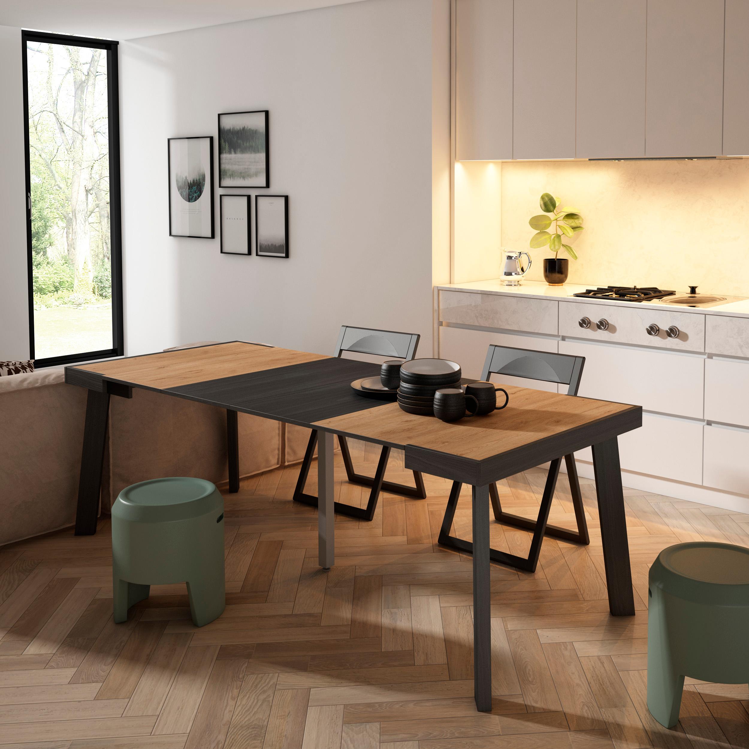 foto del prodotto consolle allungabile, 222x90x73cm, per 10 persone, gambe in legno, colore rovere e nero rf3077