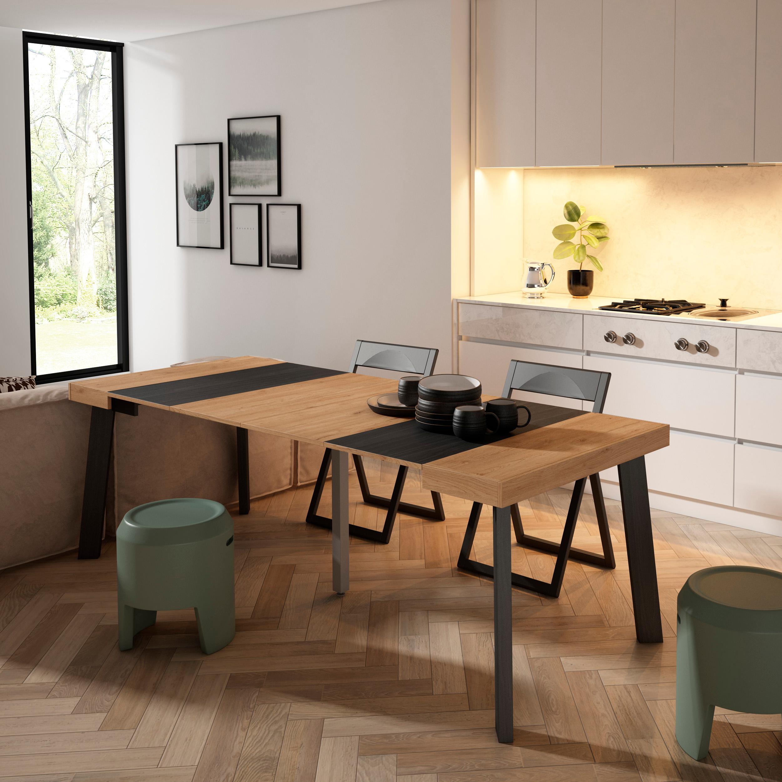 foto del prodotto consolle allungabile, 222x90x73cm, per 10 persone, gambe in legno, colore rovere e nero rf3078