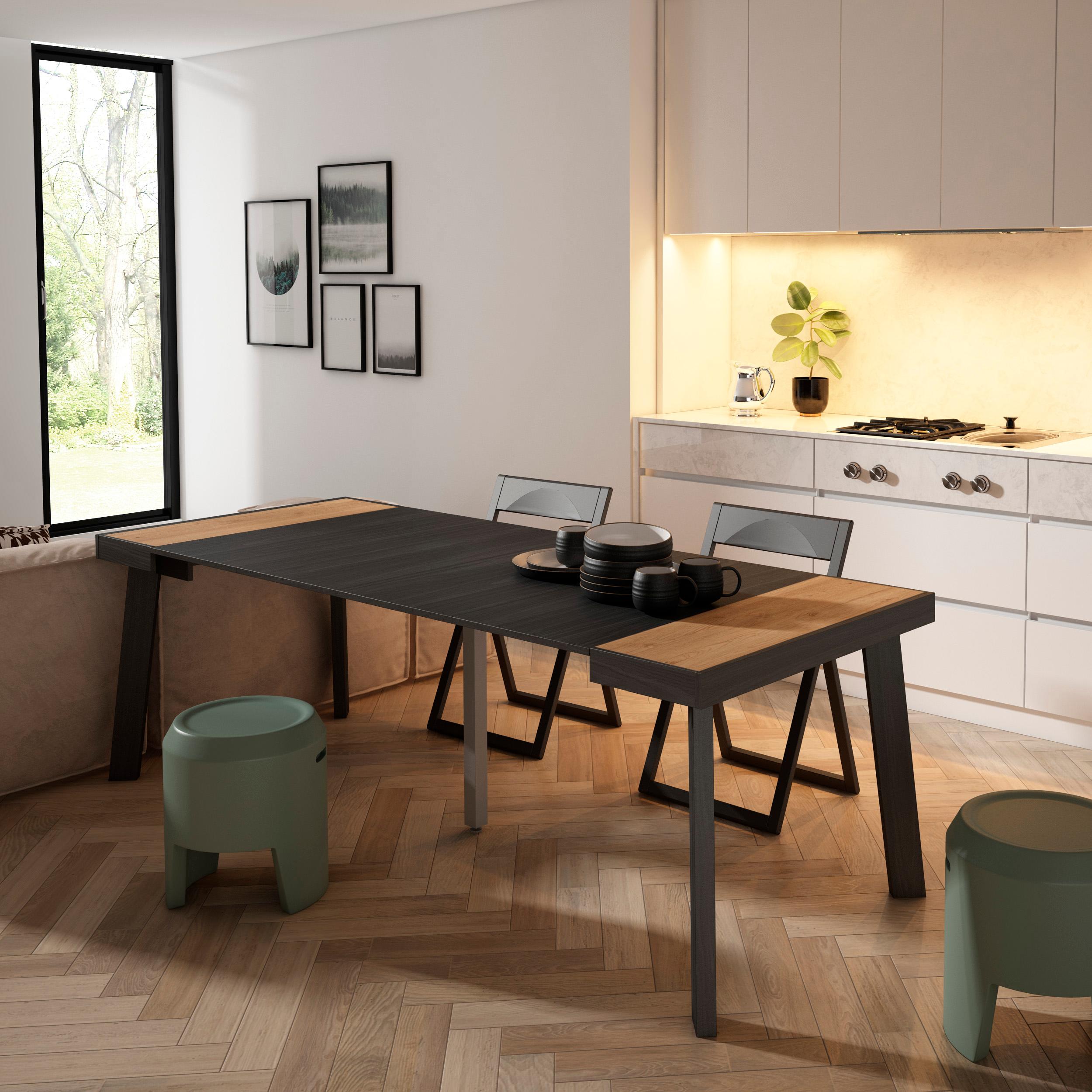 foto del prodotto consolle allungabile, 222x90x73cm, per 10 persone, gambe in legno, colore rovere e nero rf3080