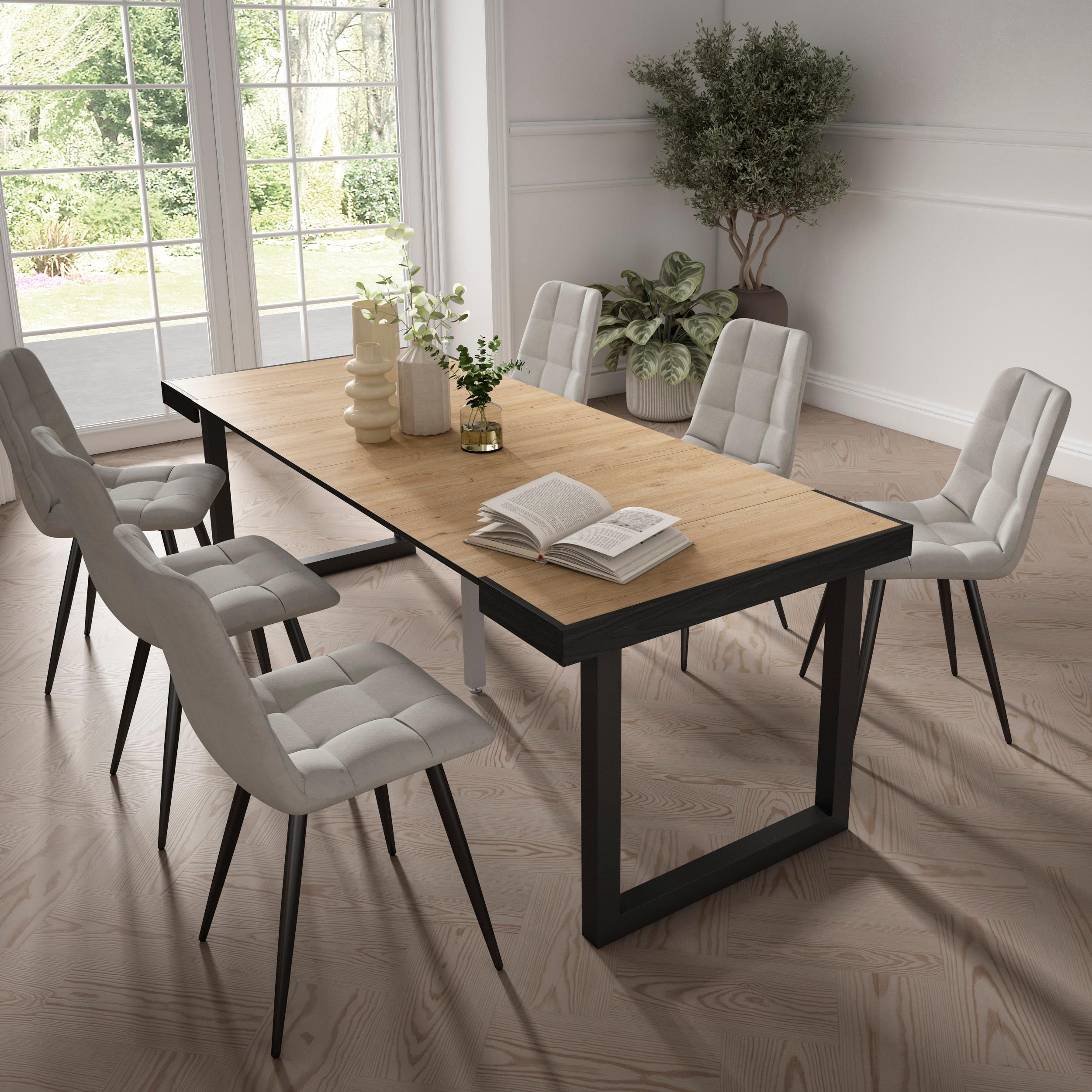 foto del prodotto consolle allungabile, 222x90x73cm, per 10 persone, gambe in legno, nero e colore rovere rf2929