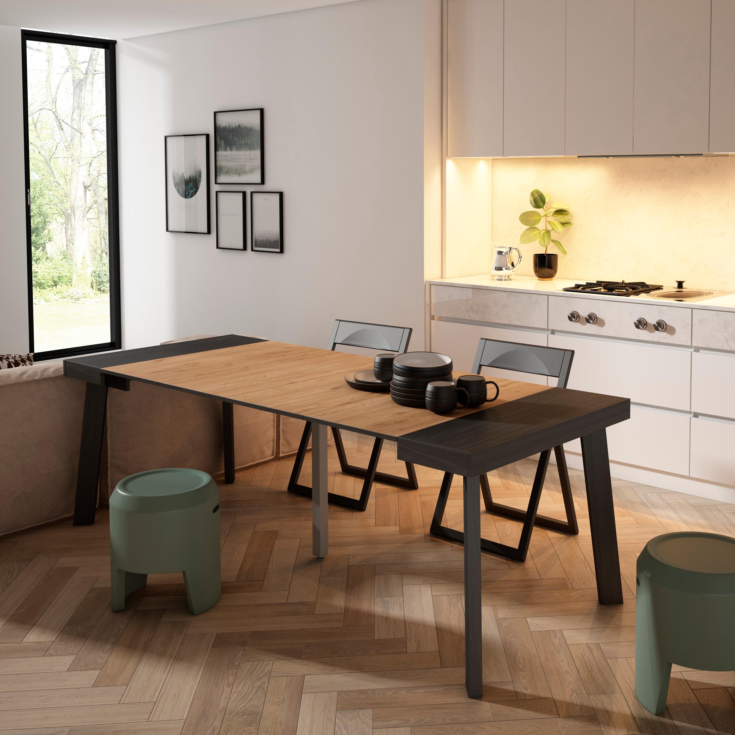 foto del prodotto consolle allungabile, 222x90x73cm, per 10 persone, gambe in legno, nero e colore rovere rf3073