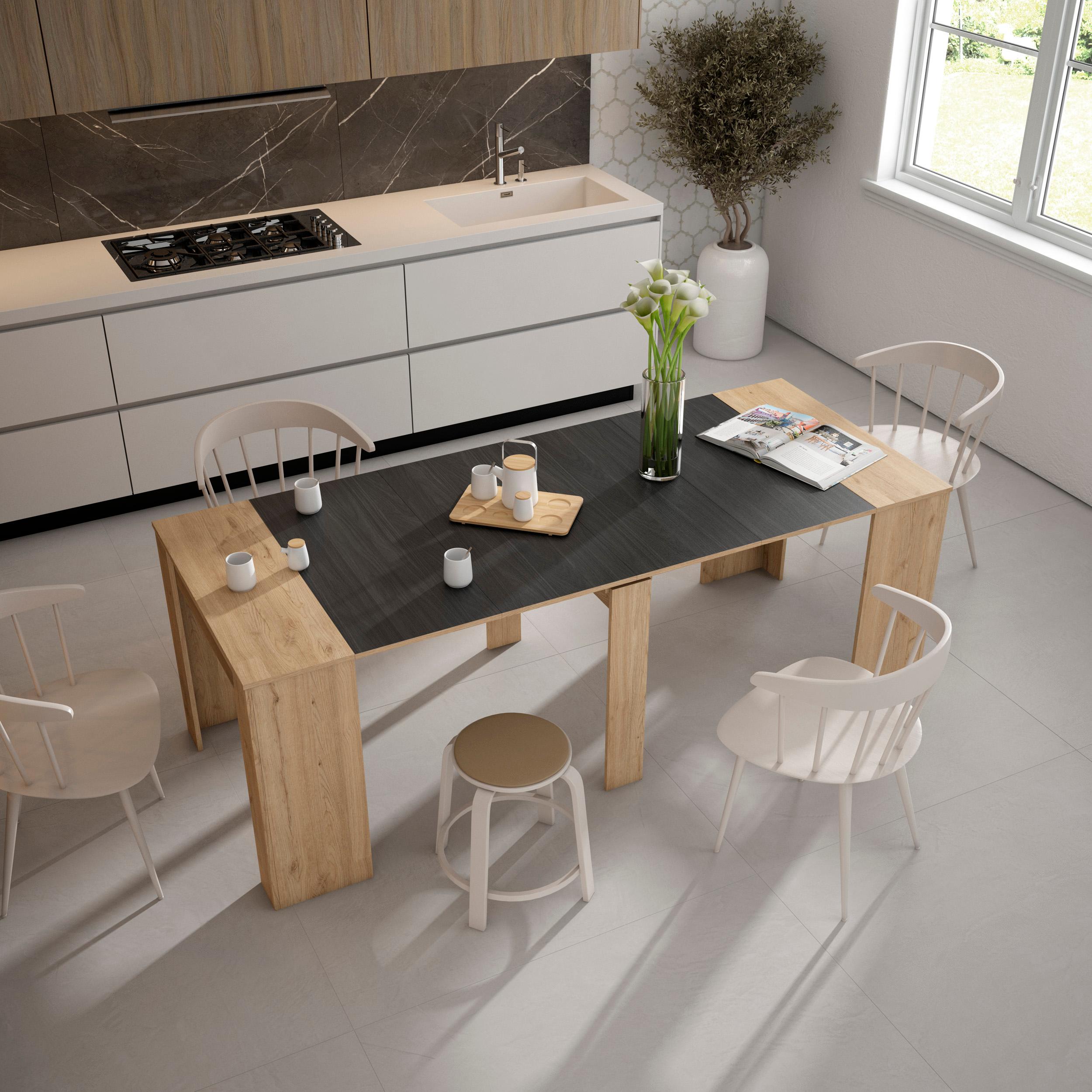 foto del prodotto consolle allungabile, 222x90x77cm, per 10 persone, tavolo da pranzo, colore rovere e nero rf2638