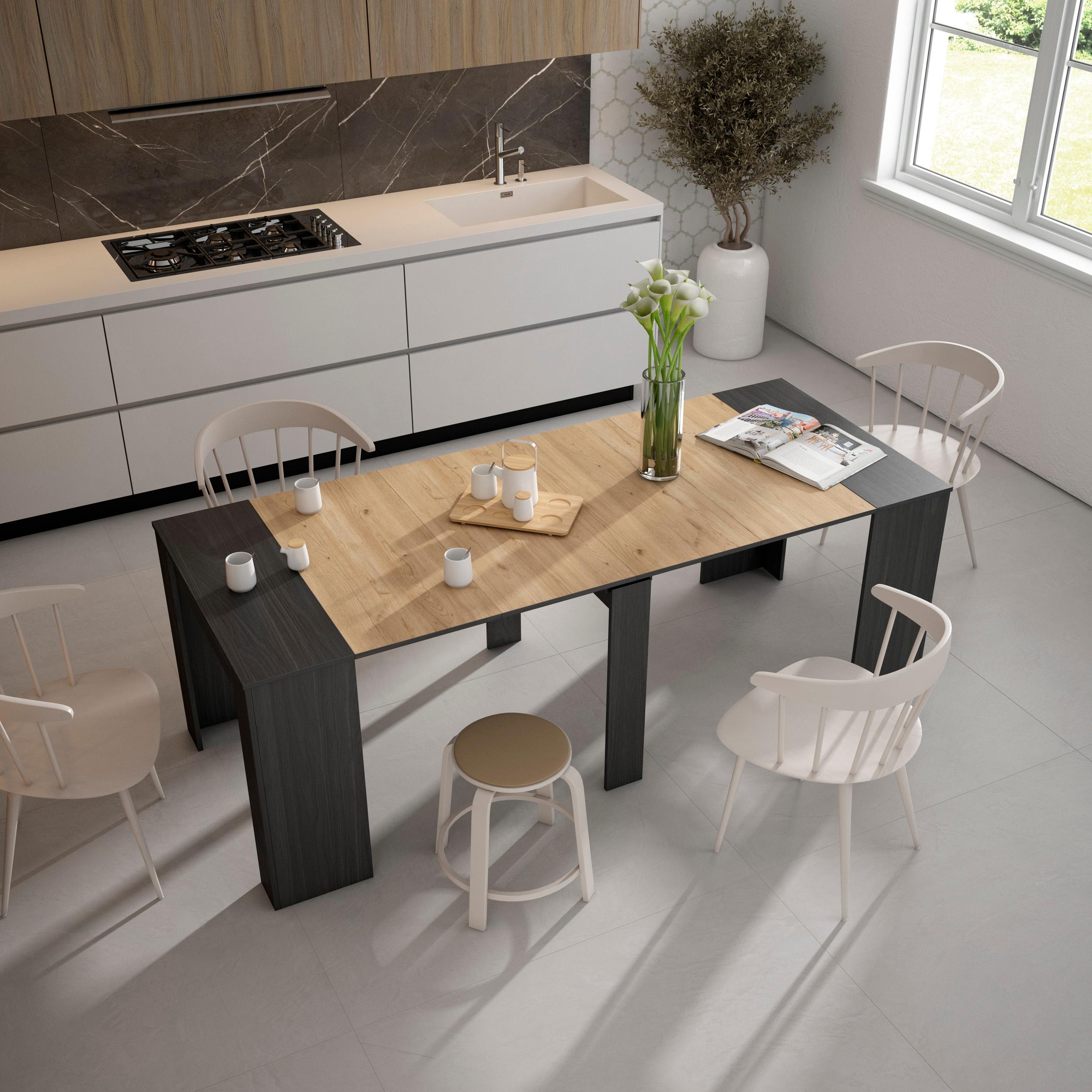 foto del prodotto consolle allungabile, 222x90x77cm, per 10 persone, tavolo da pranzo, nero e colore rovere rf2641