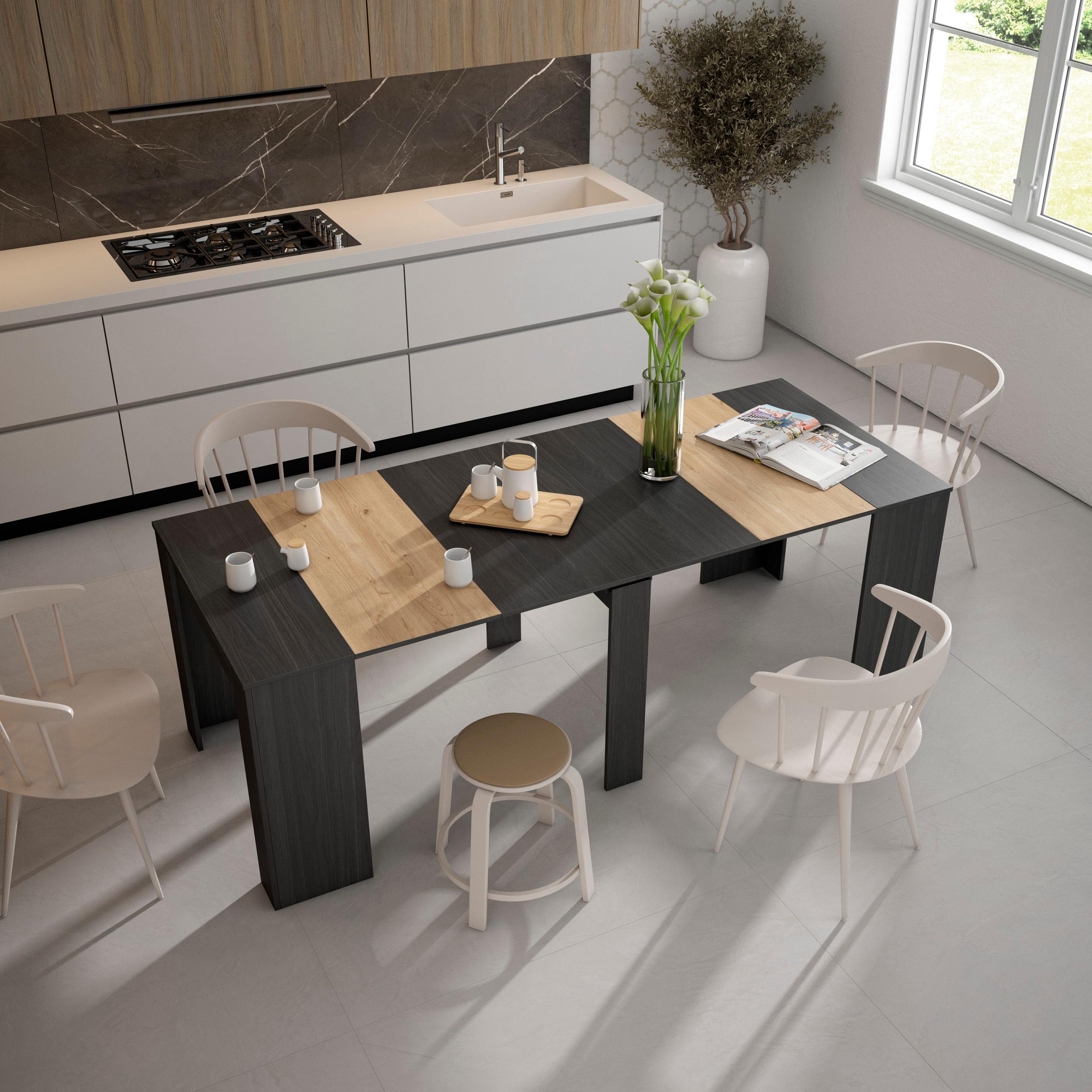 foto del prodotto consolle allungabile, 222x90x77cm, per 10 persone, tavolo da pranzo, nero e colore rovere rf2642