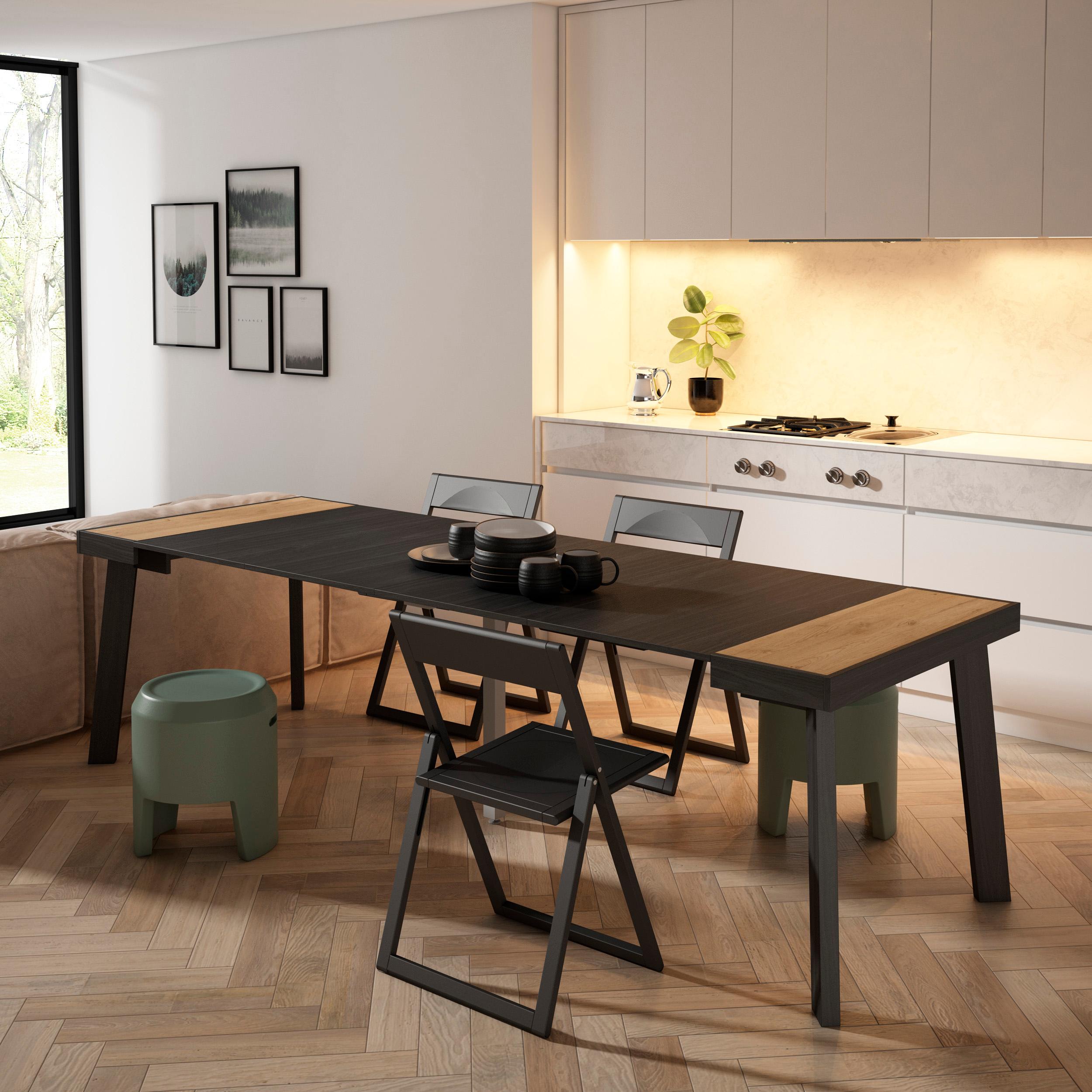 foto del prodotto consolle allungabile, 262x90x73cm, per 12 persone, gambe in legno, colore rovere e nero rf3026