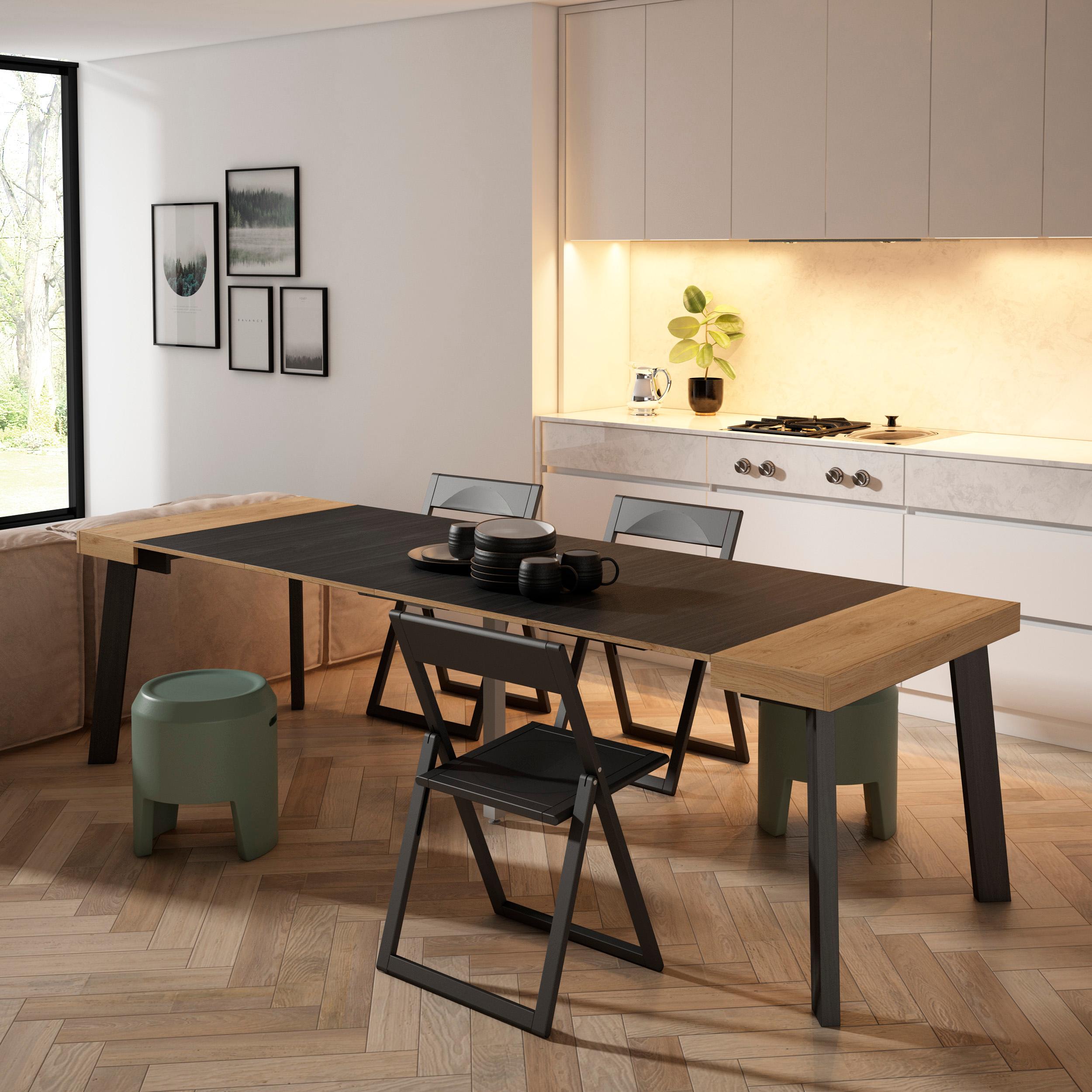 foto del prodotto consolle allungabile, 262x90x73cm, per 12 persone, gambe in legno, colore rovere e nero rf3029