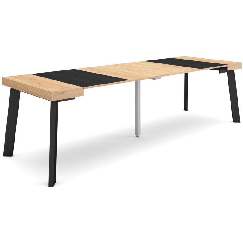 foto del prodotto consolle allungabile, 262x90x73cm, per 12 persone, gambe in legno, colore rovere e nero rf3030