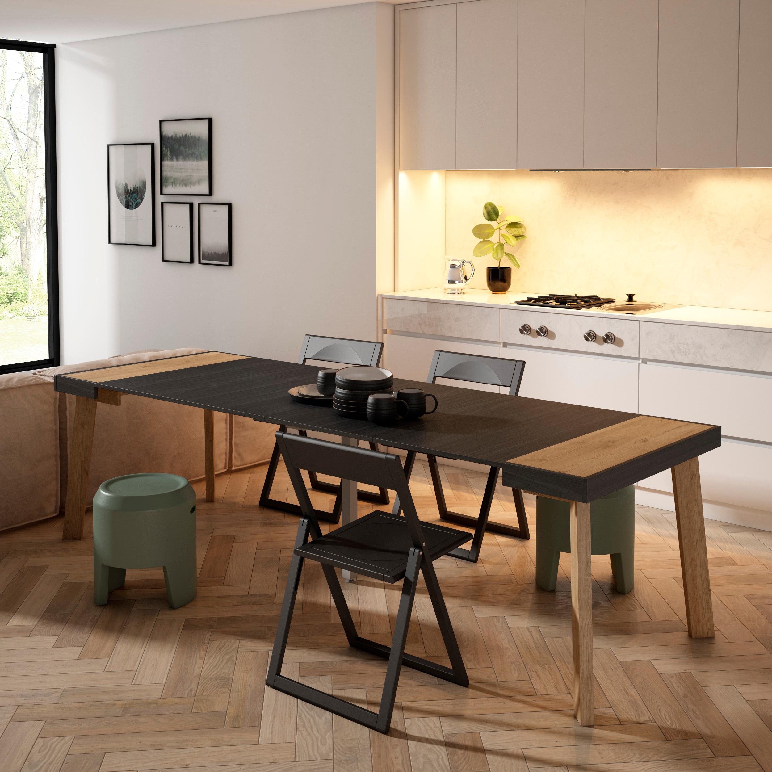 foto del prodotto consolle allungabile, 262x90x73cm, per 12 persone, gambe in legno, colore rovere e nero rf3085