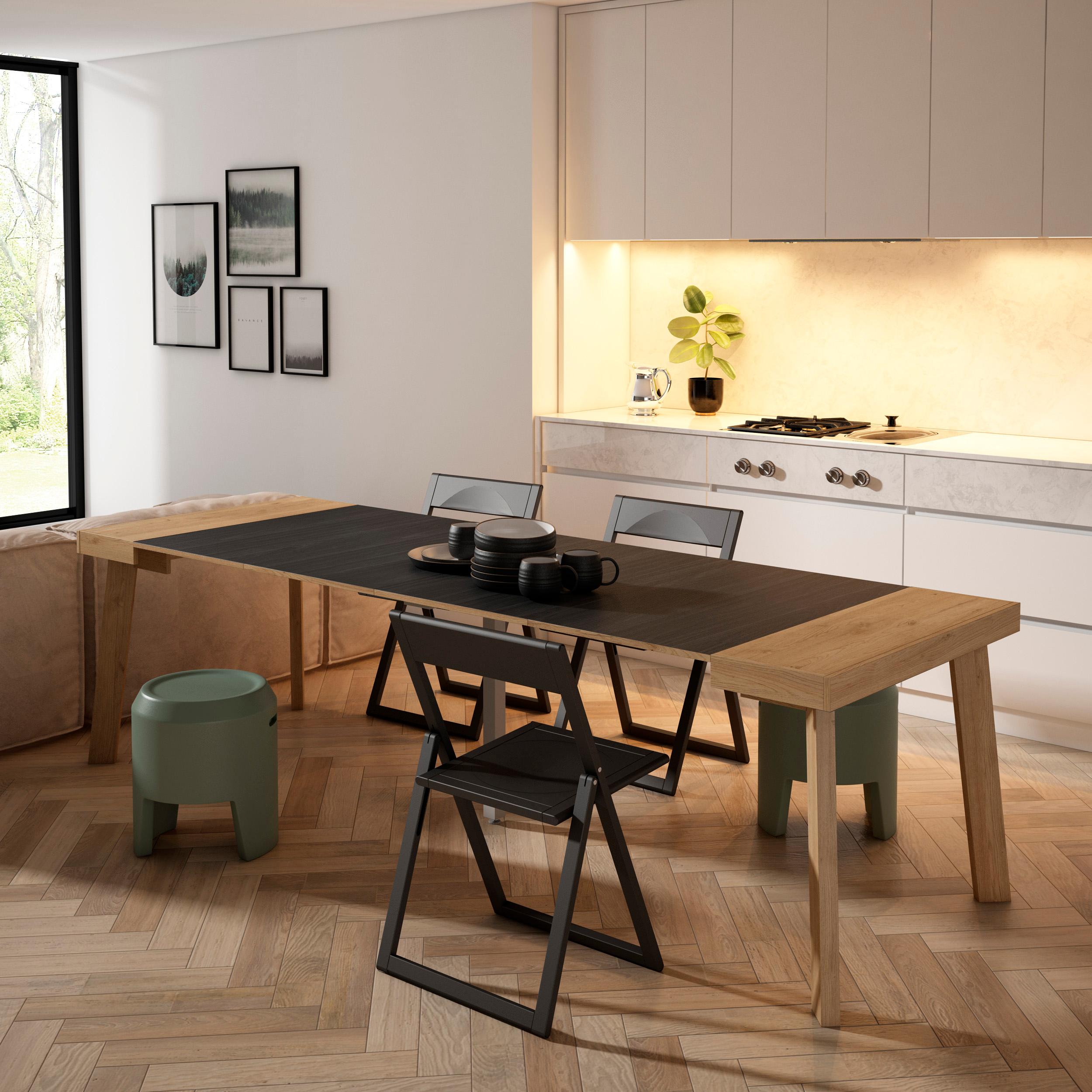 foto del prodotto consolle allungabile, 262x90x73cm, per 12 persone, gambe in legno, colore rovere e nero rf3087