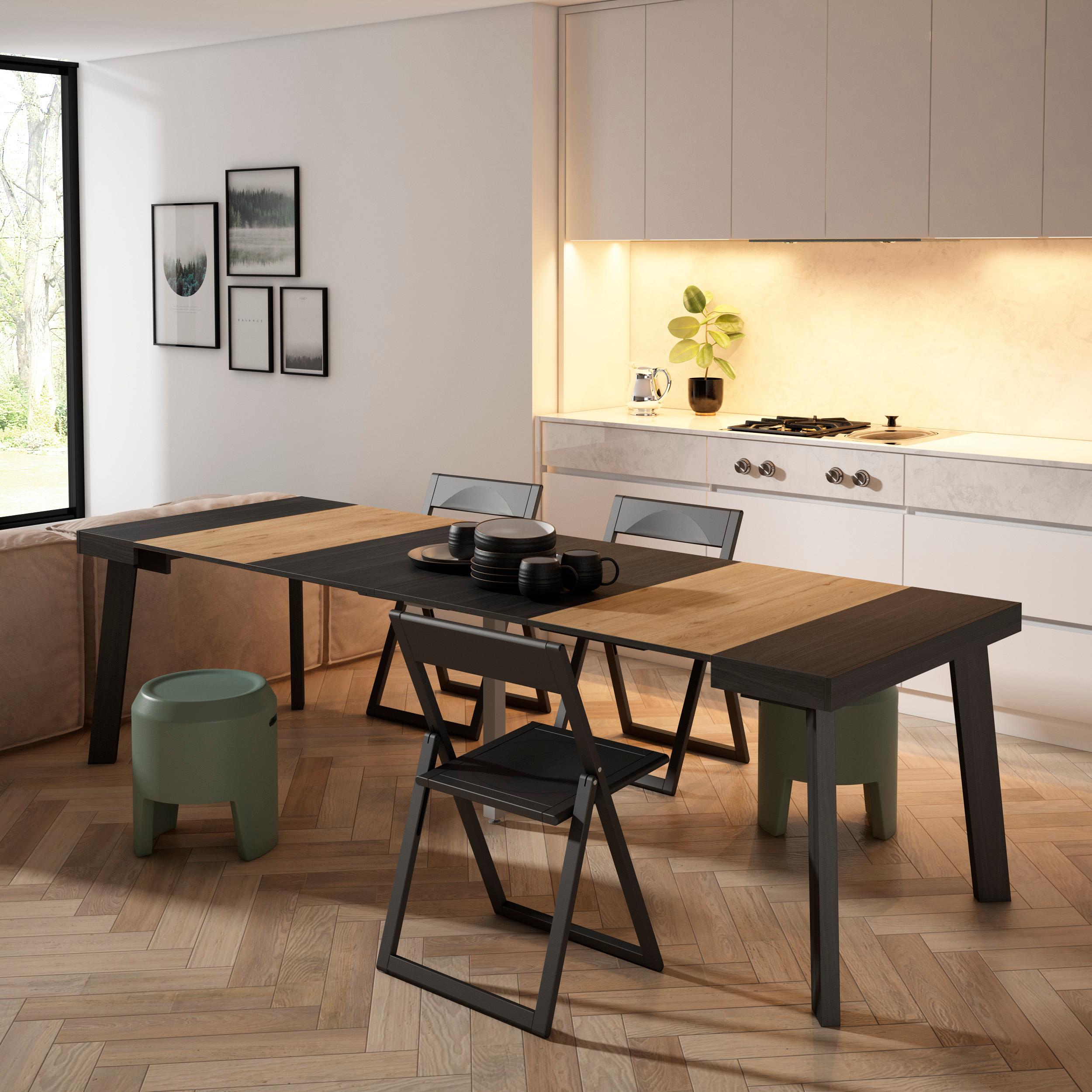 foto del prodotto consolle allungabile, 262x90x73cm, per 12 persone, gambe in legno, nero e colore rovere rf3028