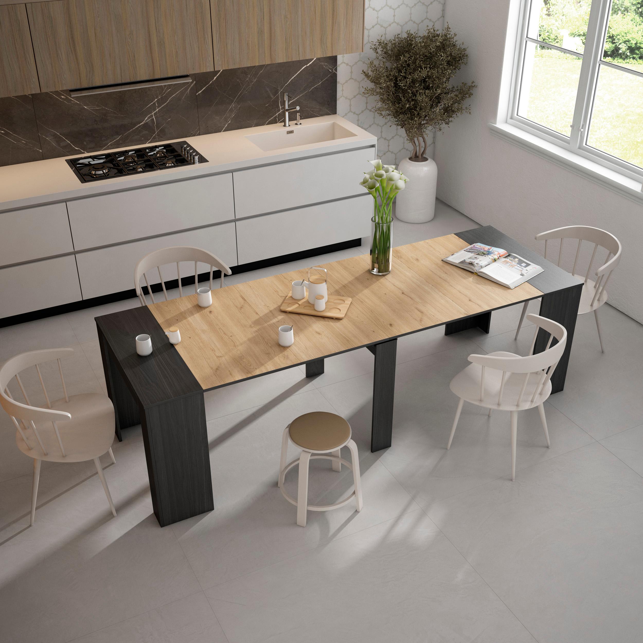 foto del prodotto consolle allungabile, 262x90x77cm, per 12 persone, tavolo da pranzo, nero e colore rovere rf2632