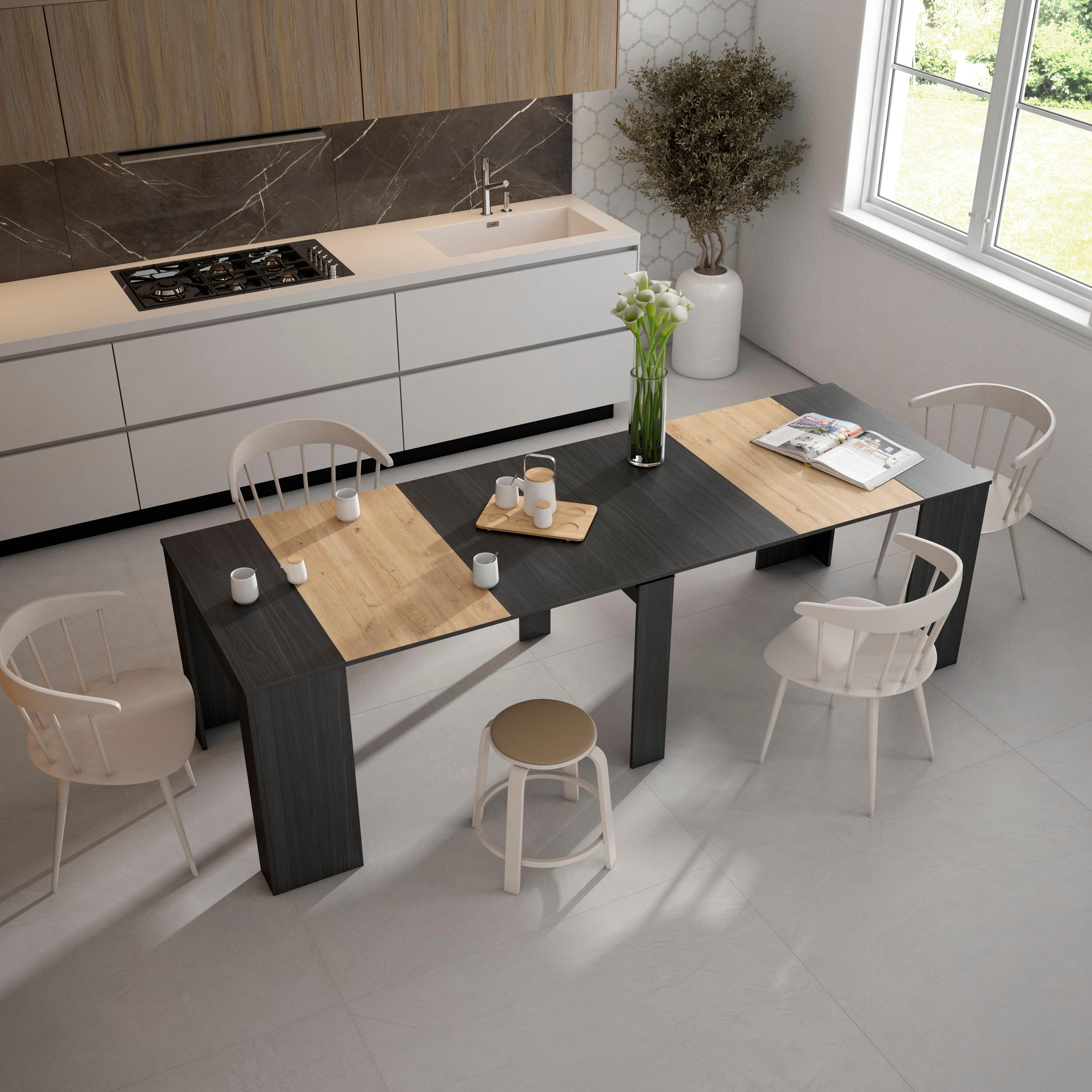 foto del prodotto consolle allungabile, 262x90x77cm, per 12 persone, tavolo da pranzo, nero e colore rovere rf2633