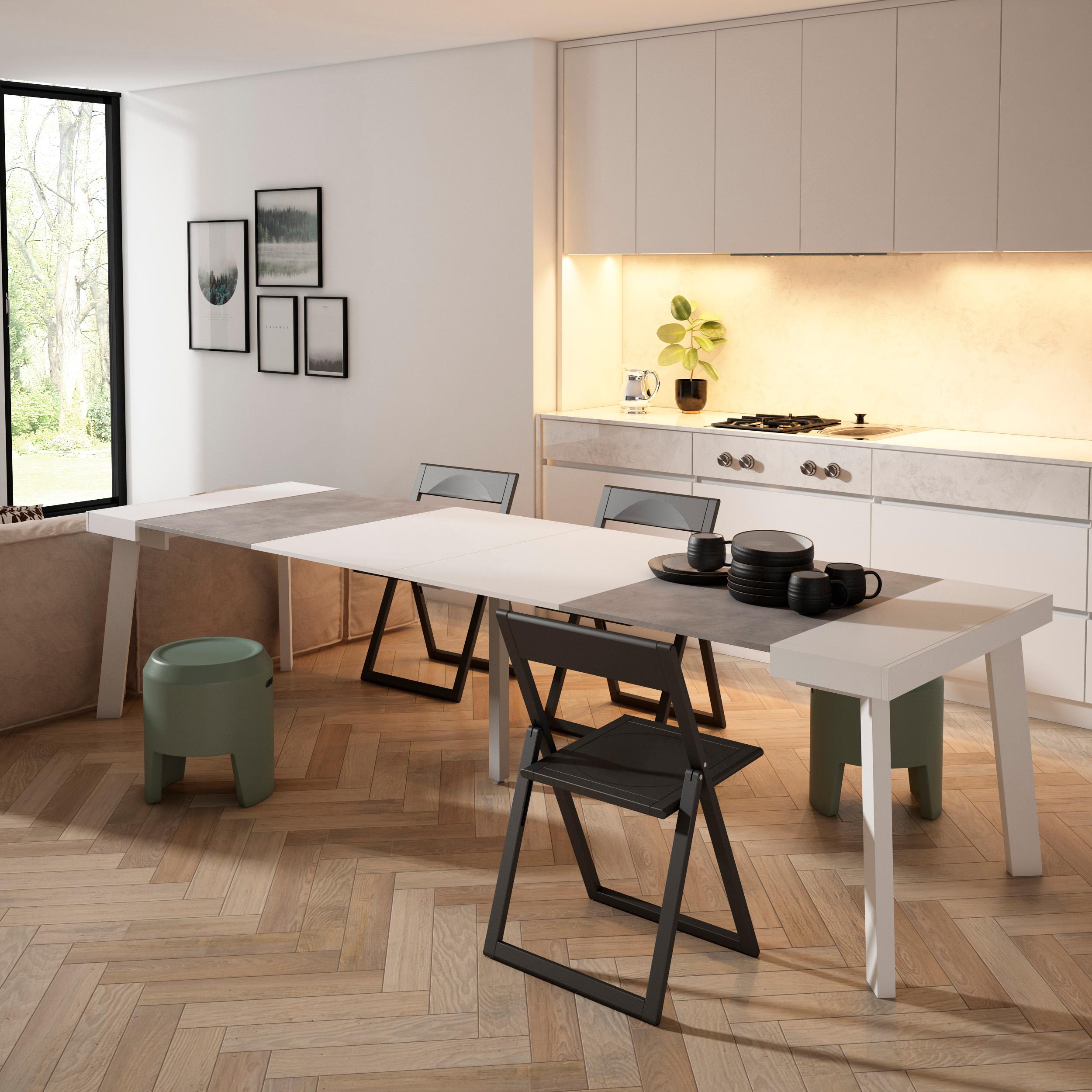 foto del prodotto consolle allungabile, 302x90x73cm, per 14 persone, gambe in legno, bianco e grigio cemento rf3109