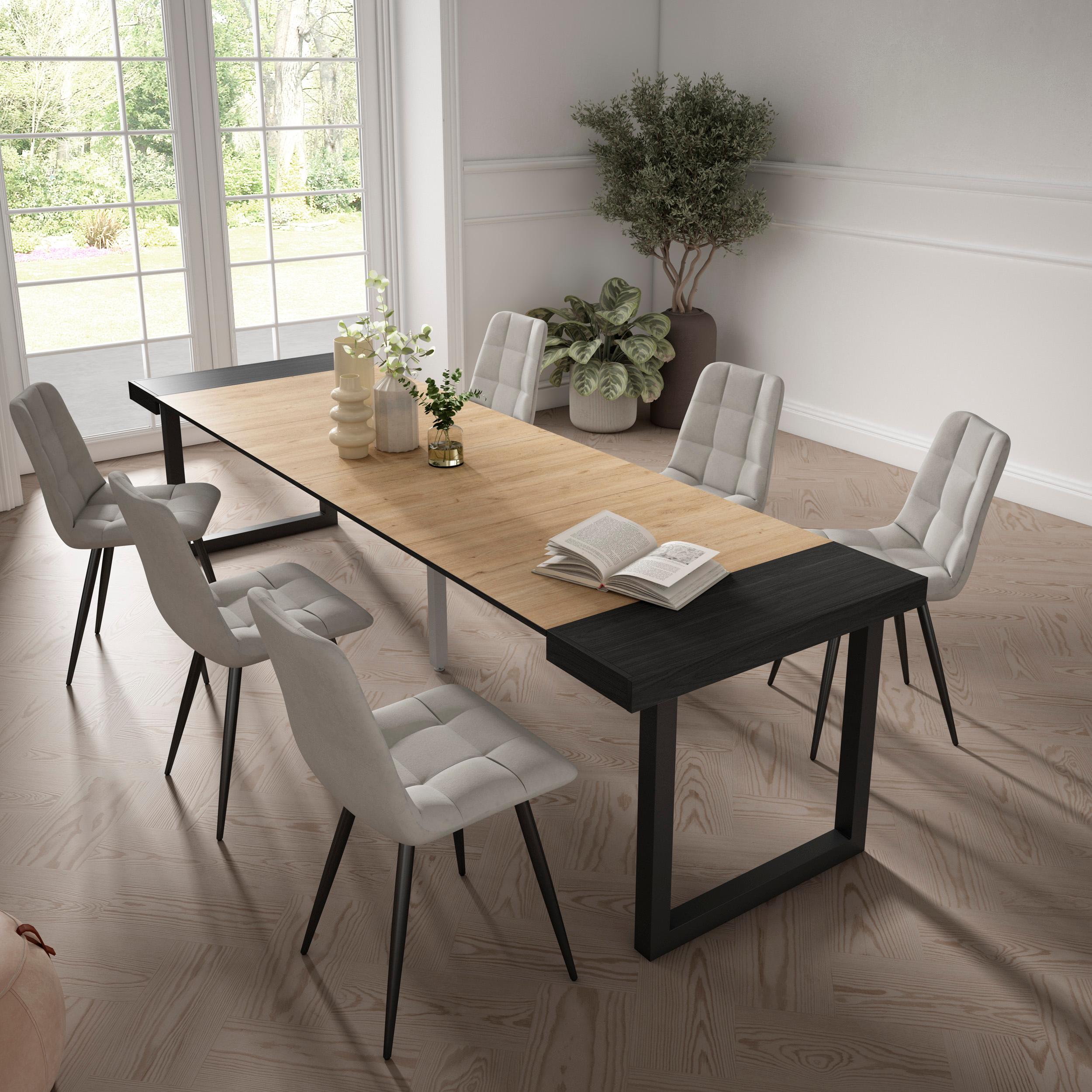 foto del prodotto consolle allungabile, 302x90x73cm, per 14 persone, gambe in legno, colore rovere e nero rf2944