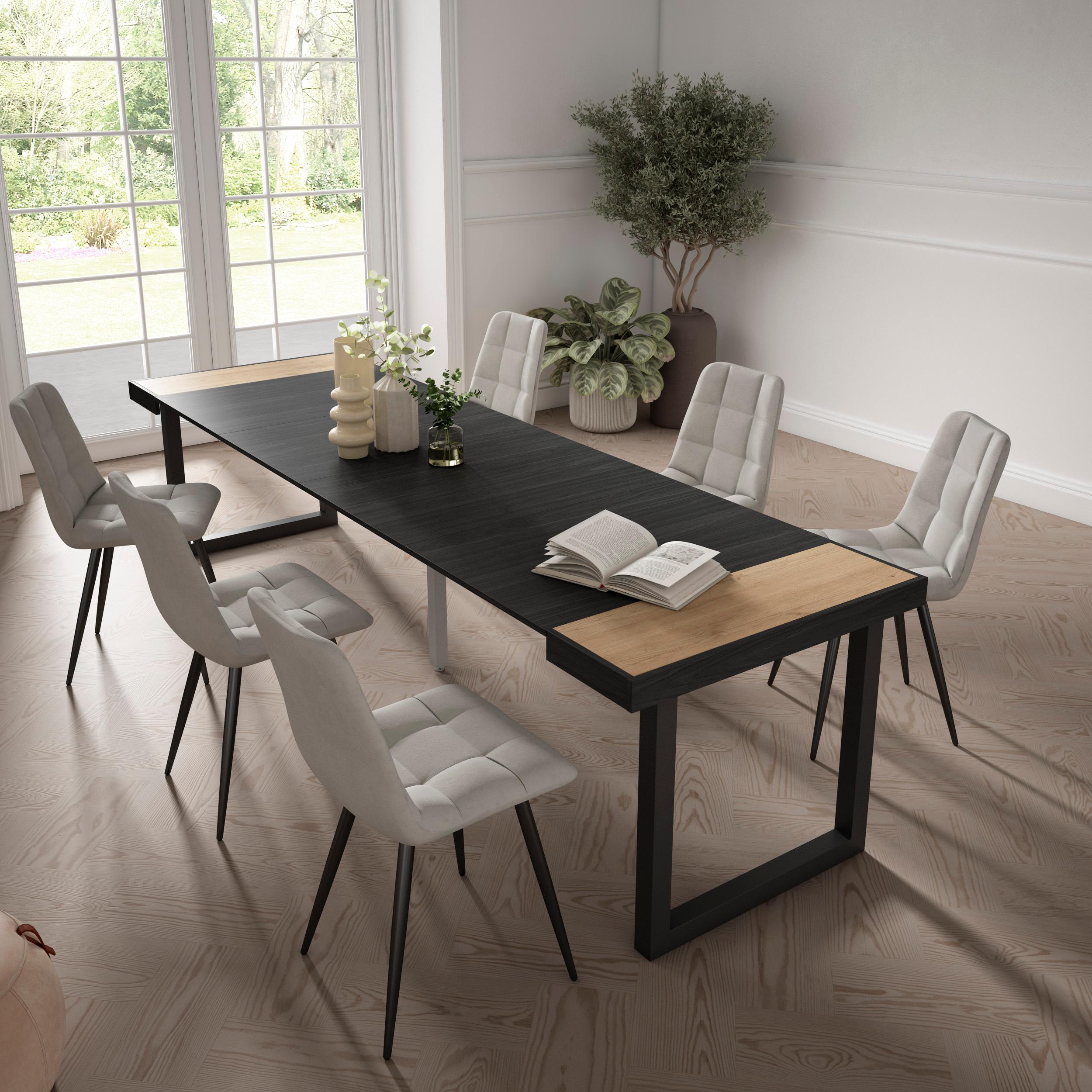 foto del prodotto consolle allungabile, 302x90x73cm, per 14 persone, gambe in legno, colore rovere e nero rf2945