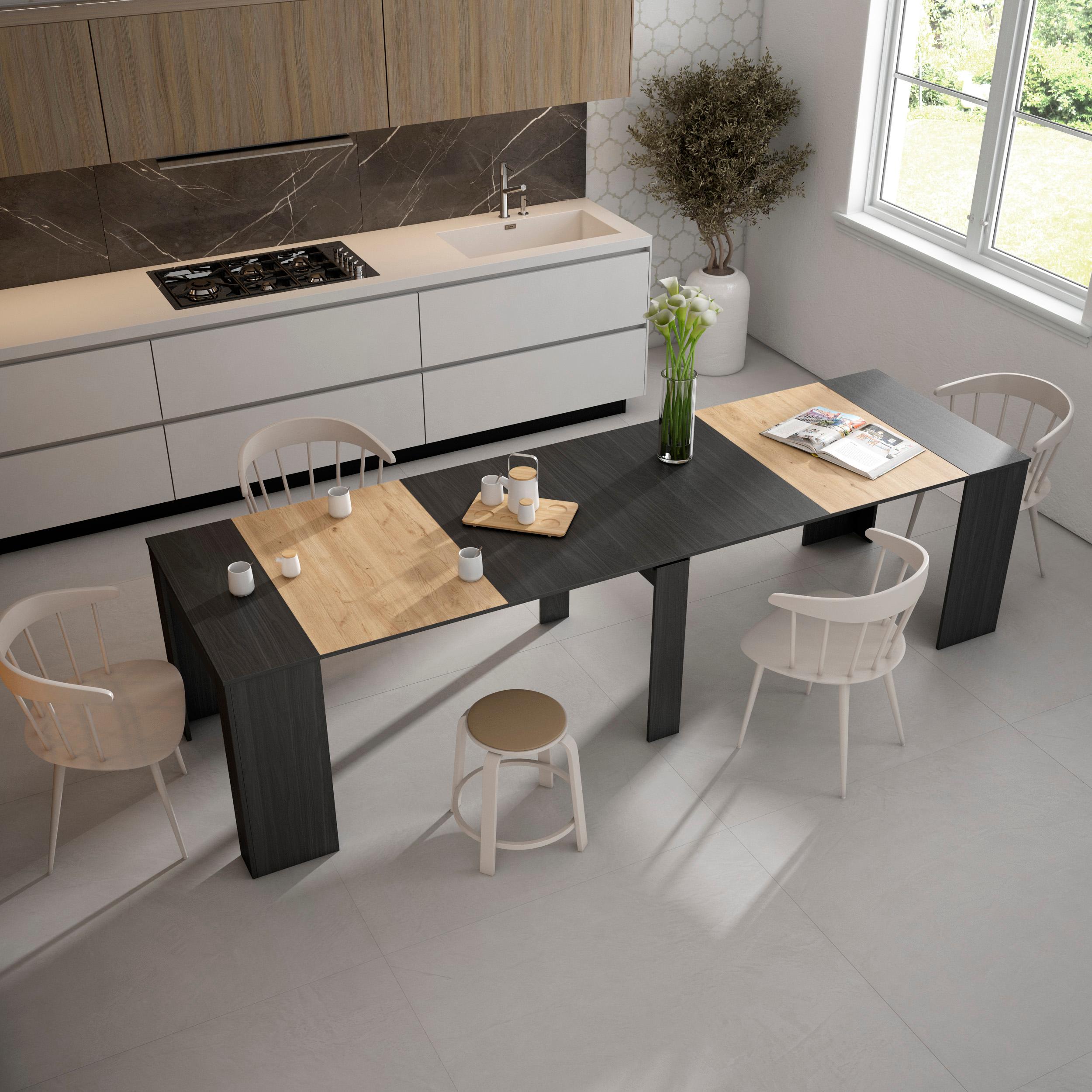 foto del prodotto consolle allungabile, 302x90x77cm, per 14 persone, tavolo da pranzo, nero e colore rovere rf2655