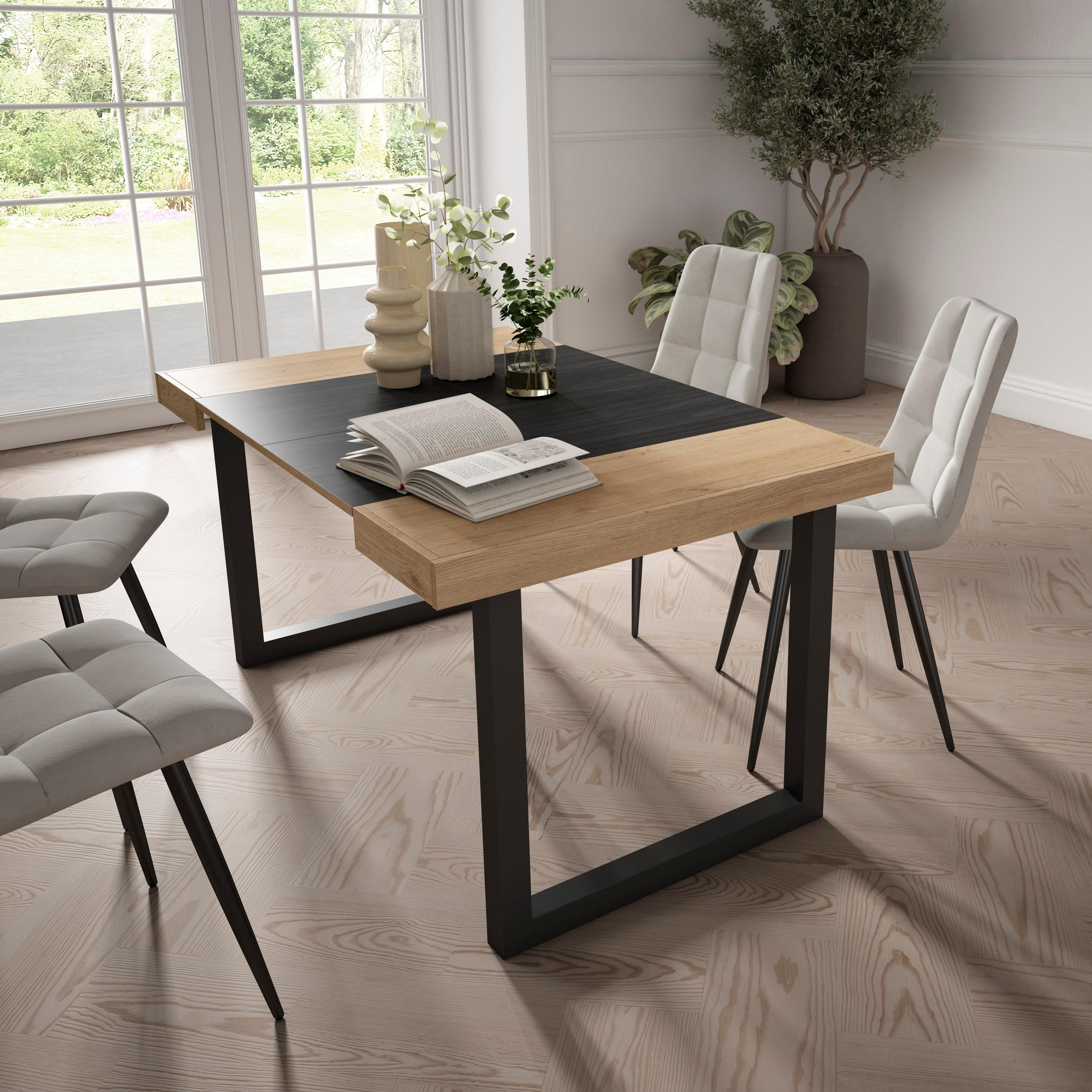 foto del prodotto consolle allungabile, 58 fino 140x90x73cm, per 6 persone, gambe in legno, colore rovere e nero rf2692