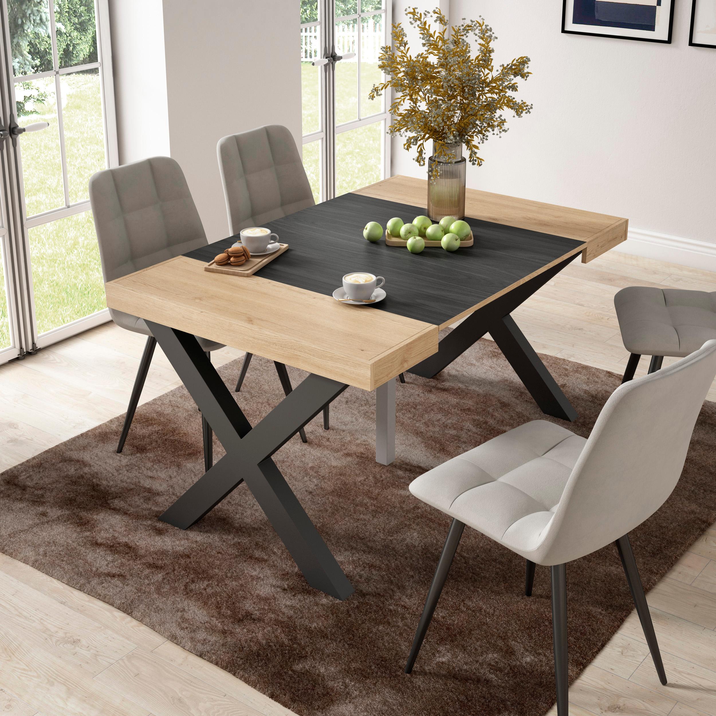 foto del prodotto consolle allungabile, 58 fino 140x90x73cm, per 6 persone, gambe in legno, colore rovere e nero rf2727