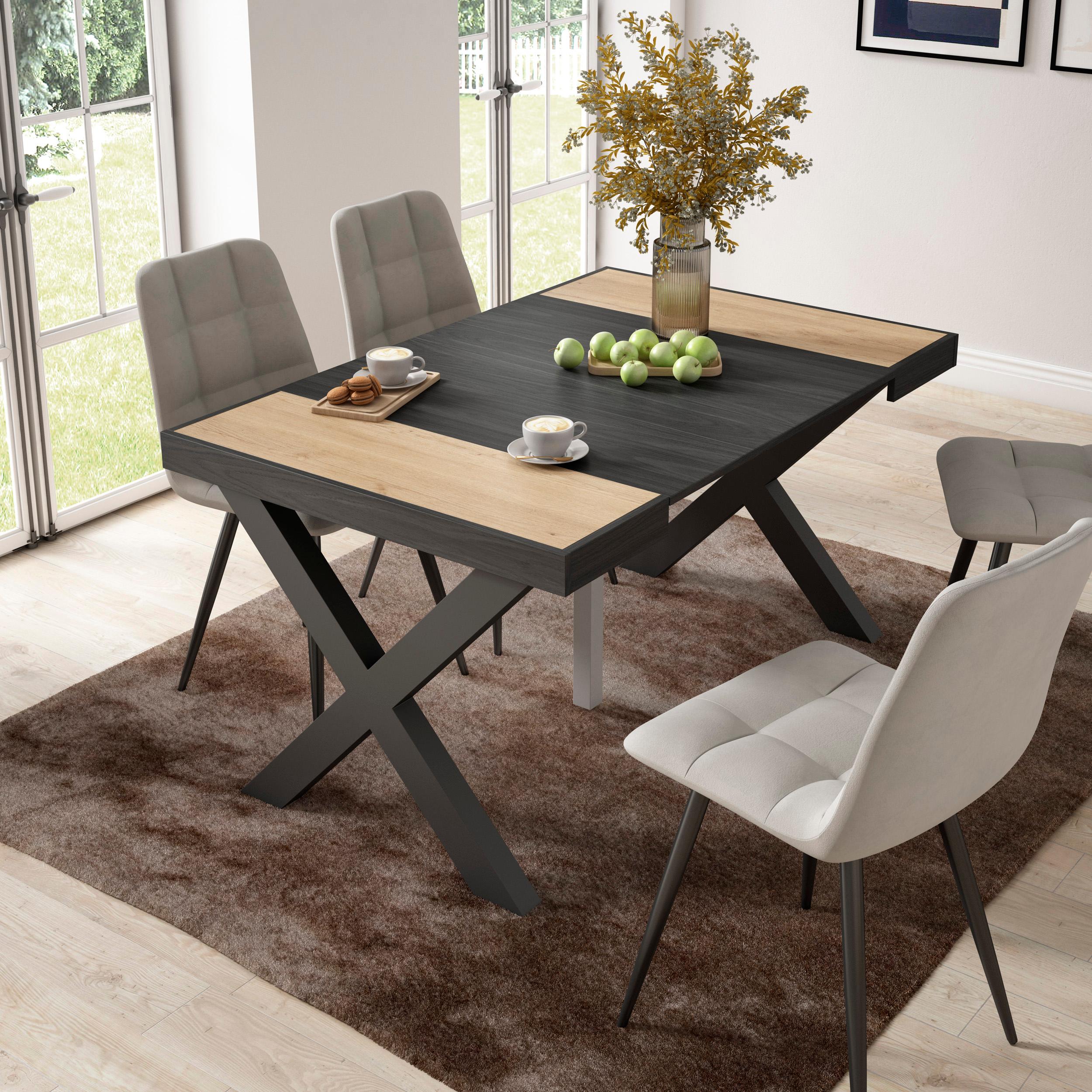 foto del prodotto consolle allungabile, 58 fino 140x90x73cm, per 6 persone, gambe in legno, colore rovere e nero rf2732