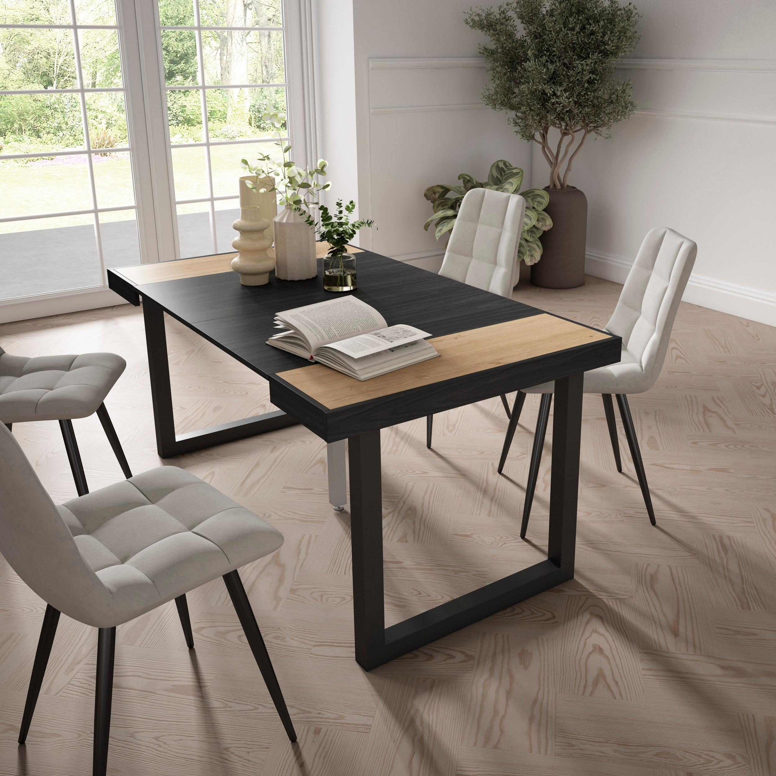 foto del prodotto consolle allungabile, 58 fino 160x90x73cm, per 8 persone, gambe in legno, colore rovere e nero rf2744