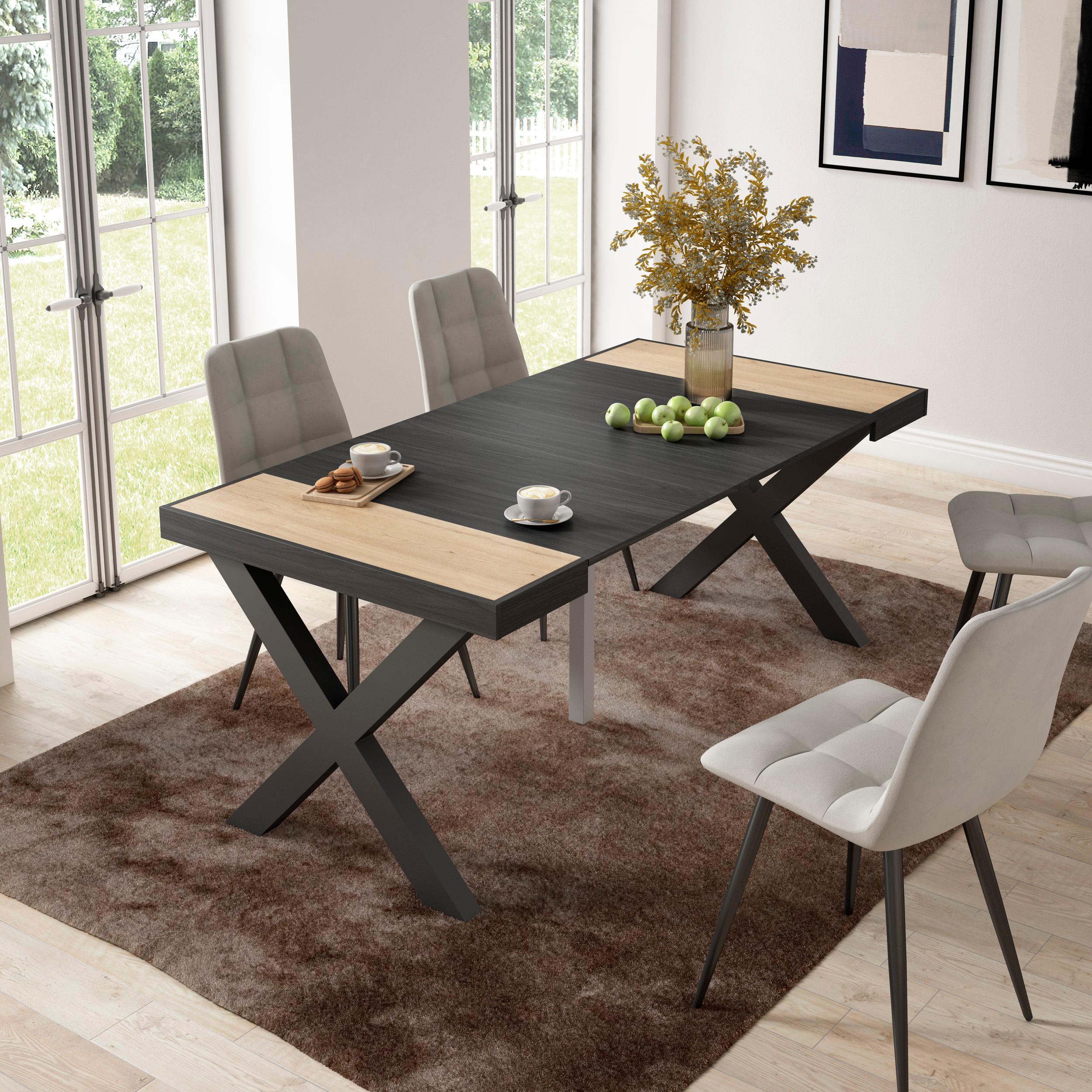 foto del prodotto consolle allungabile, 58 fino 180x90x73cm, per 8 persone, gambe in legno, colore rovere e nero rf2763