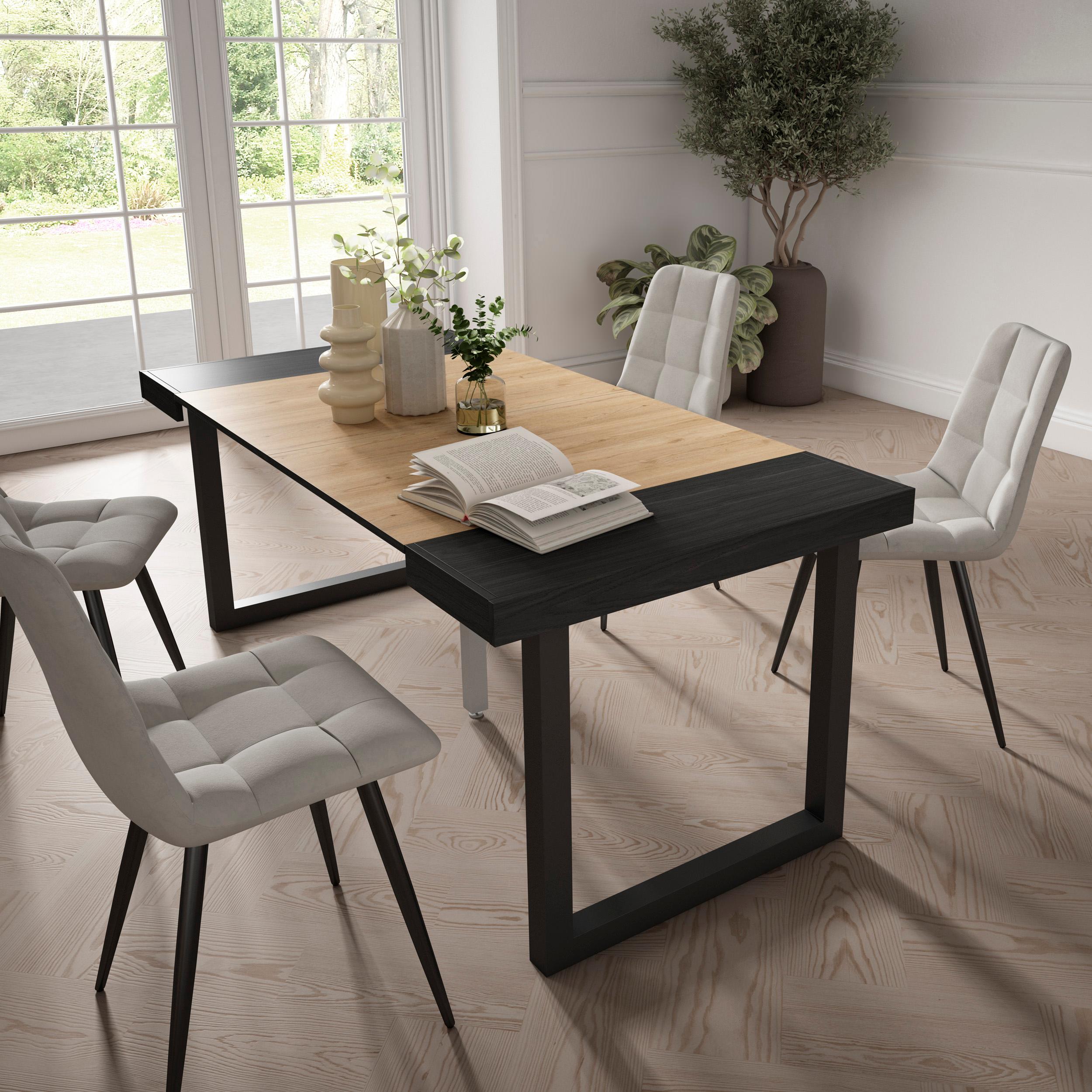 foto del prodotto consolle allungabile, 58 fino 180x90x73cm, per 8 persone, gambe in legno, nero e colore rovere rf2772