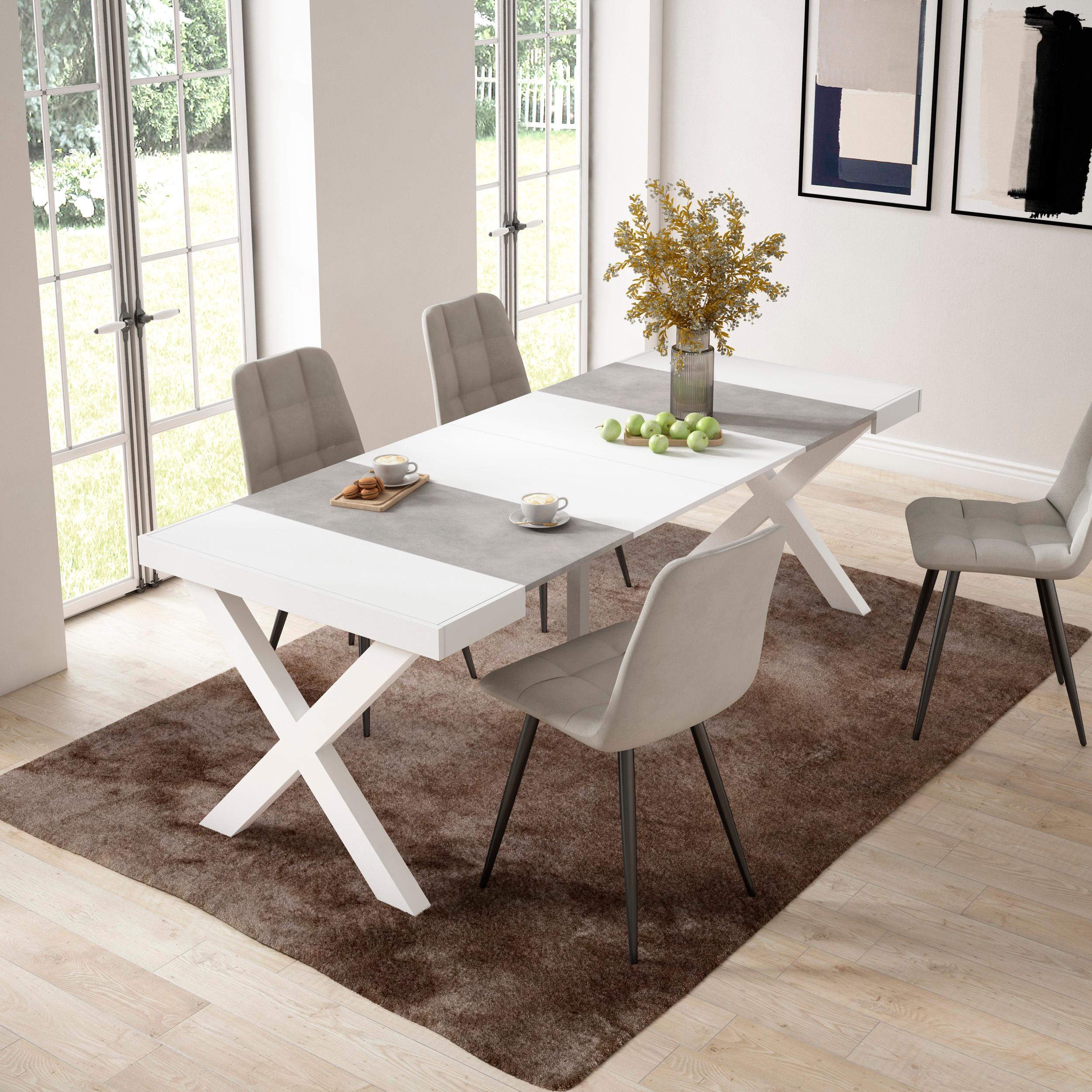 foto del prodotto consolle allungabile, 58 fino 222x90x73cm, per 10 persone, gambe in legno, bianco e grigio cemento rf2792