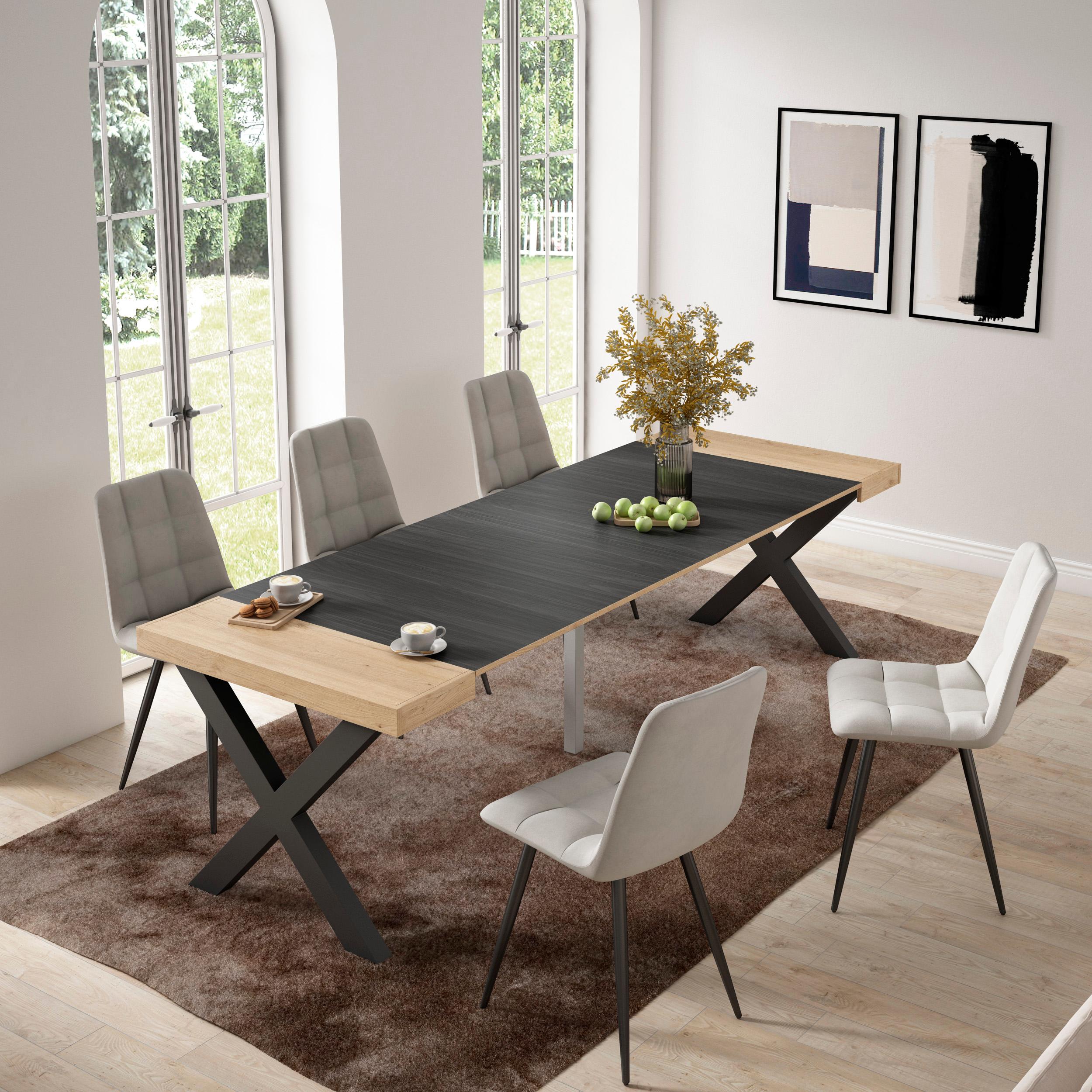 foto del prodotto consolle allungabile, 58 fino 262x90x73cm, per 12 persone, gambe in legno, colore rovere e nero rf2802