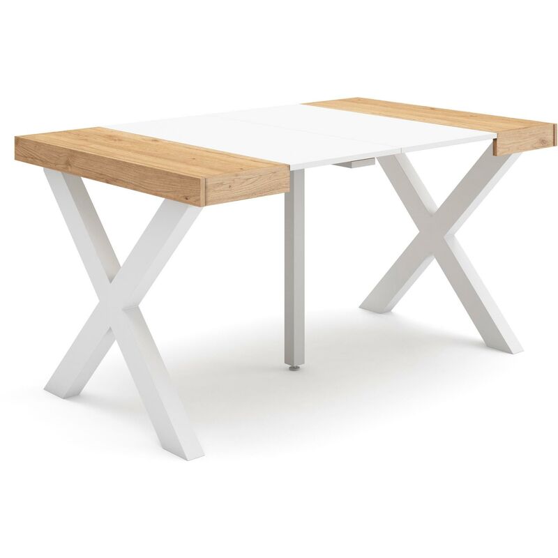 foto del prodotto consolle allungabile, tavolo consolle allungabile , 140, per 6 persone, gambe in legno, stile moderno, rovere e bianco skraut home