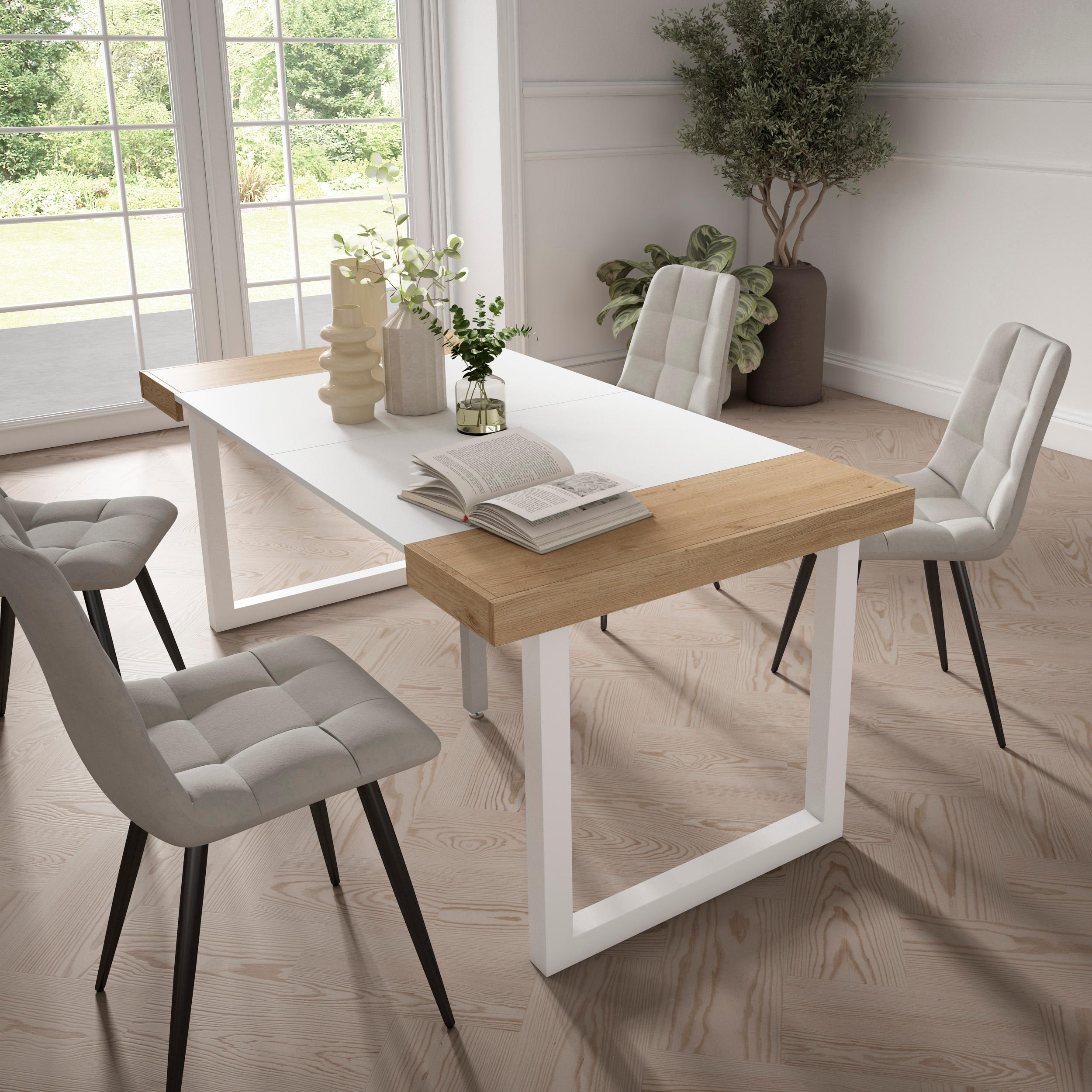 foto del prodotto consolle allungabile, tavolo consolle allungabile , 180, per 8 persone, gambe in legno, stile moderno, rovere e bianco skraut home