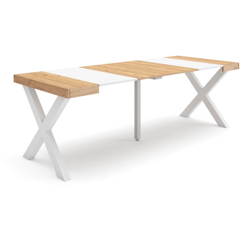 foto del prodotto consolle allungabile, tavolo consolle allungabile , 220, per 10 persone, gambe in legno, stile moderno, rovere e bianco skraut home