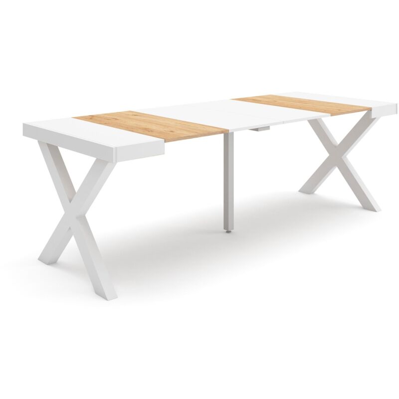 foto del prodotto consolle allungabile, tavolo consolle allungabile , 220, per 10 persone, gambe in legno, stile moderno, rovere e bianco skraut home