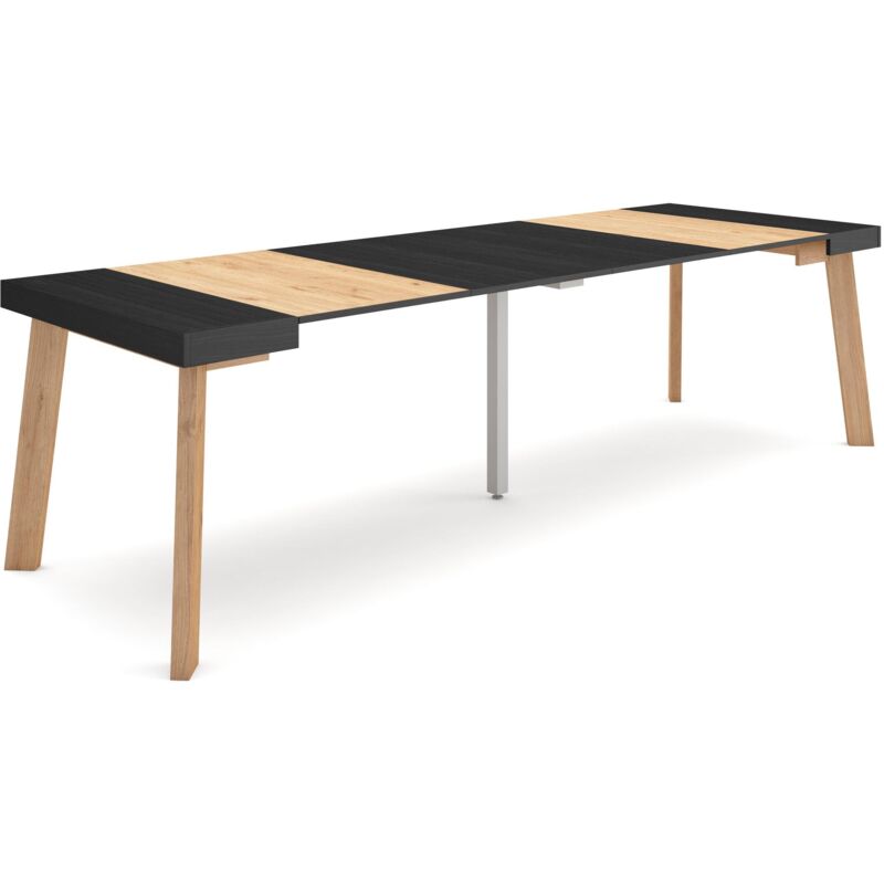 foto del prodotto consolle allungabile, tavolo consolle allungabile , 260, per 12 persone, gambe in legno, stile moderno, nero e rovere skraut home