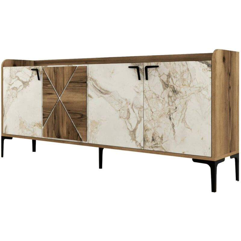 foto del prodotto consolle also, credenza da soggiorno, armadio basso per tv, base parete attrezzata, 180x35 h78 cm, noce e bianco marmo dmora