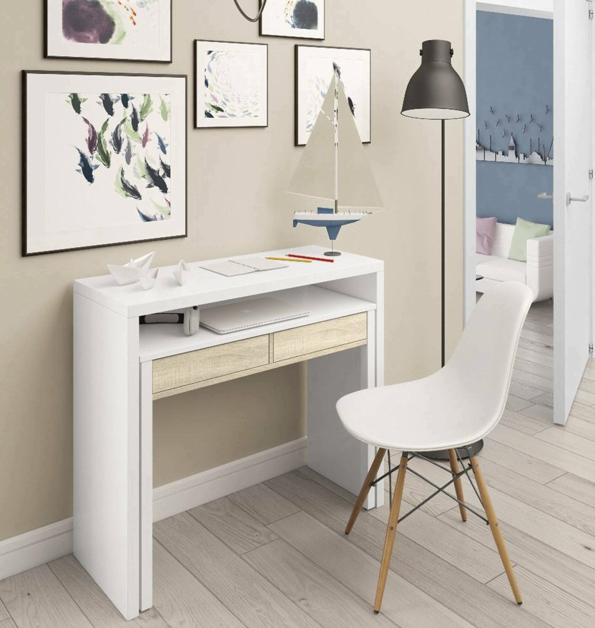foto del prodotto consolle billings, scrivania con piano estensibile, scrittoio porta pc con 2 cassetti, cm 99x36h88, bianco e rovere, con imballo rinforzato dmora